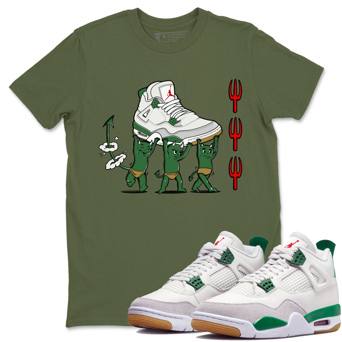 4s Pine Green shirts to match jordans Devil Babies sneaker match tees Air Jordan 4 Pine Green Drip Gear Zone unisex cotton Military Green 1 crew neck shirts