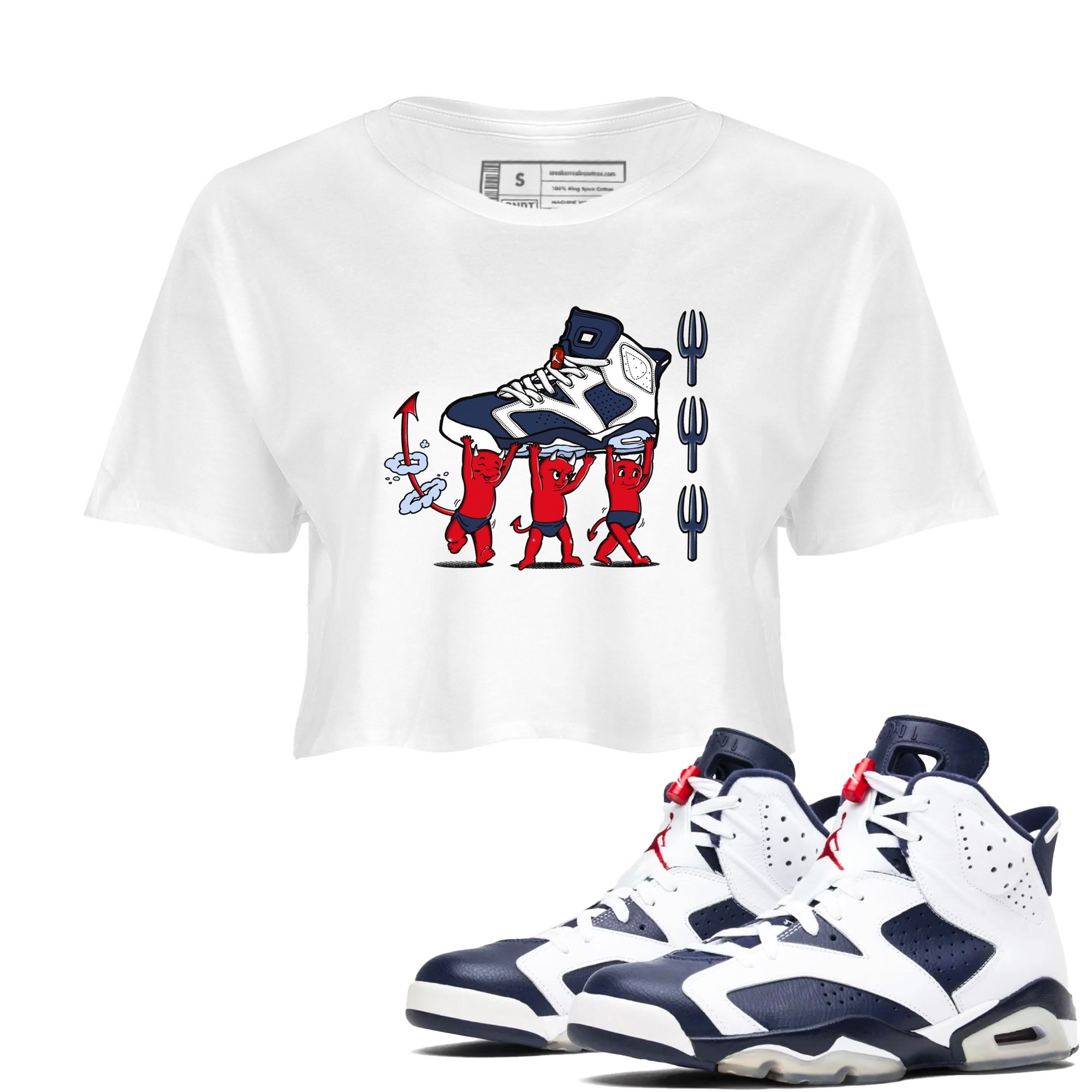 6s White And Midnight Navy shirts to match jordans Devil Babies sneaker match tees Air Jordan 6 White And Midnight Navy Drip Gear Zone unisex cotton White 1 Crop Shirts