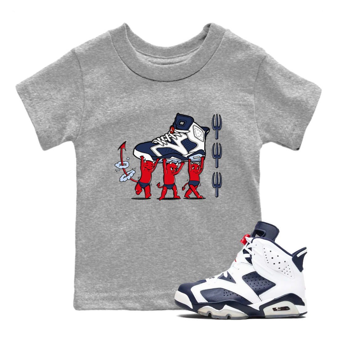 6s White And Midnight Navy shirts to match jordans Devil Babies sneaker match tees Air Jordan 6 White And Midnight Navy Drip Gear Zone Youth Baby Heather Grey 1 crew neck shirts