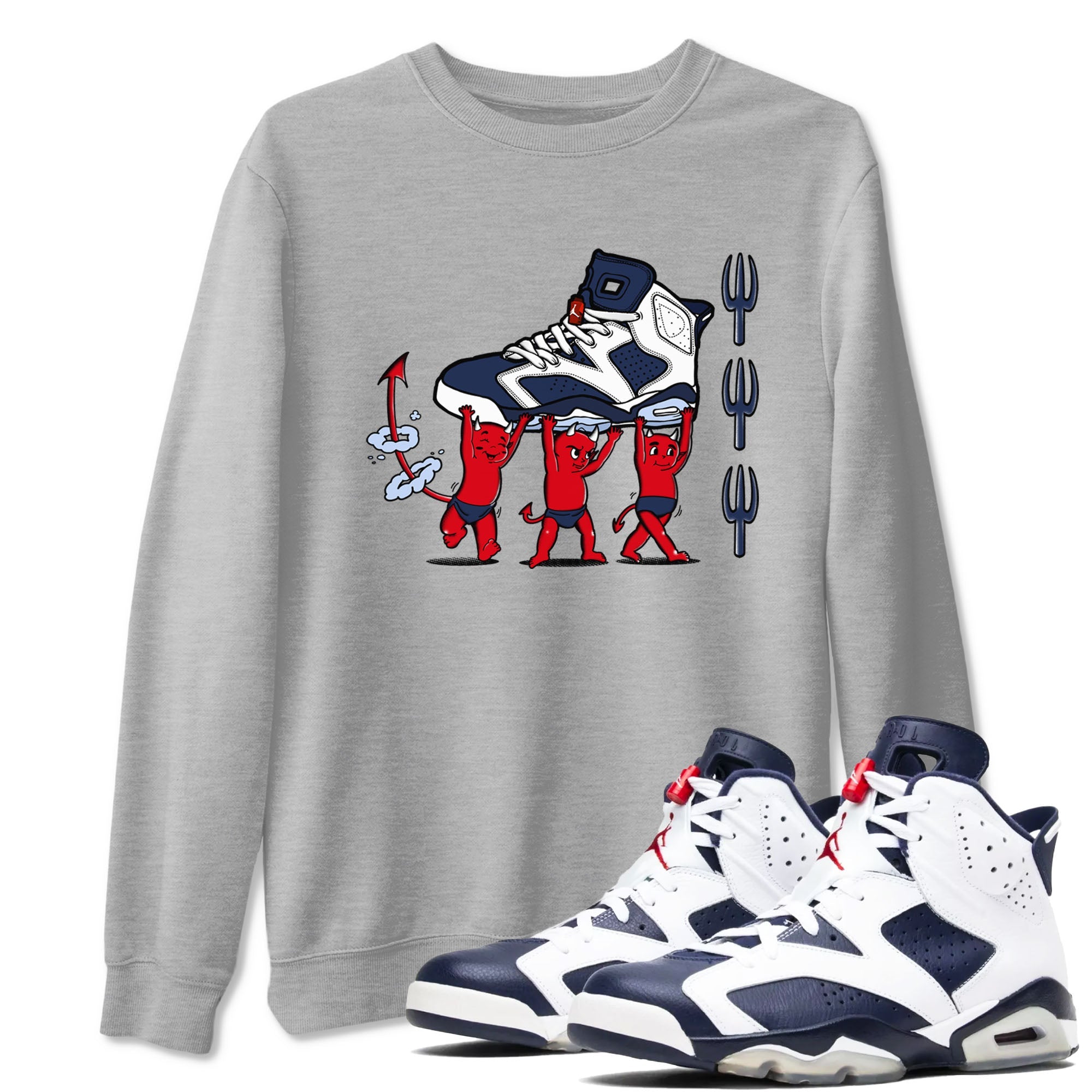 6s White And Midnight Navy shirts to match jordans Devil Babies sneaker match tees Air Jordan 6 White And Midnight Navy Drip Gear Zone unisex cotton Heather Grey 1 crew neck shirts