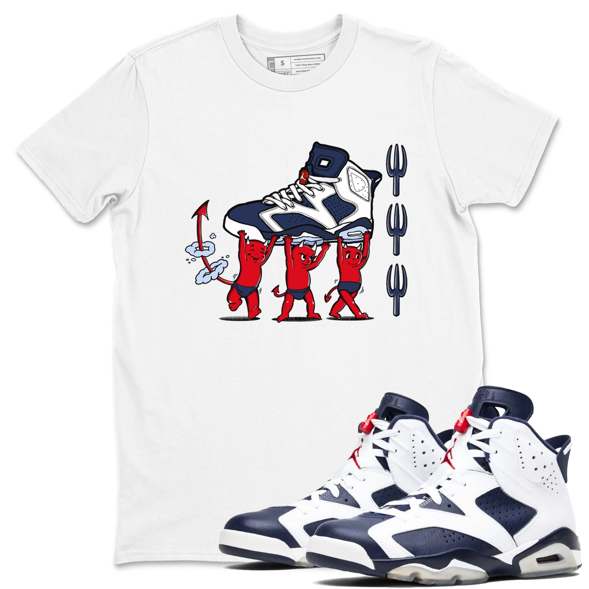 6s White And Midnight Navy shirts to match jordans Devil Babies sneaker match tees Air Jordan 6 White And Midnight Navy Drip Gear Zone unisex cotton White 1 crew neck shirts