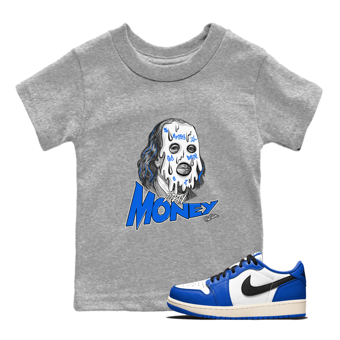 AJ1 Game Royal shirt to match jordans Dirty Money sneaker tees Air Jordan 1 Game Royal Drip Gear Zone baby toddler Heather Grey 1 cotton Shirt