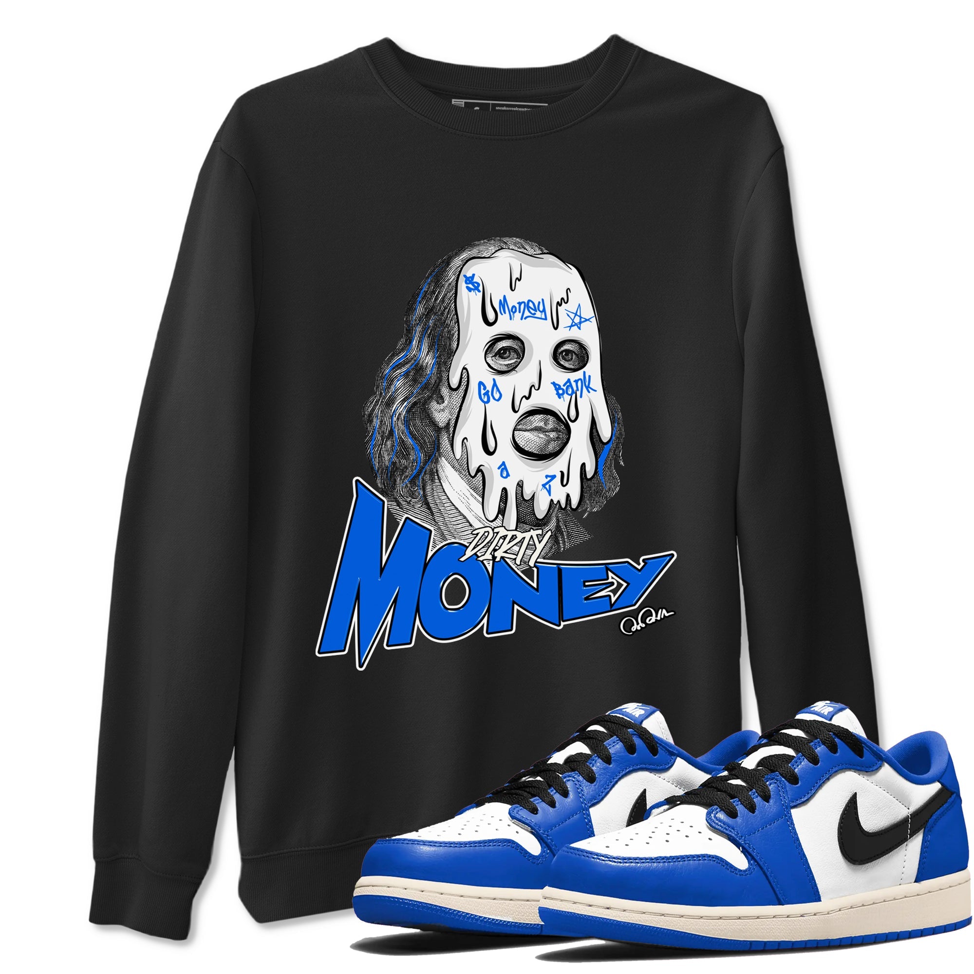 AJ1 Game Royal shirt to match jordans Dirty Money sneaker tees Air Jordan 1 Game Royal Drip Gear Zone unisex cotton Black 1 crew neck shirt