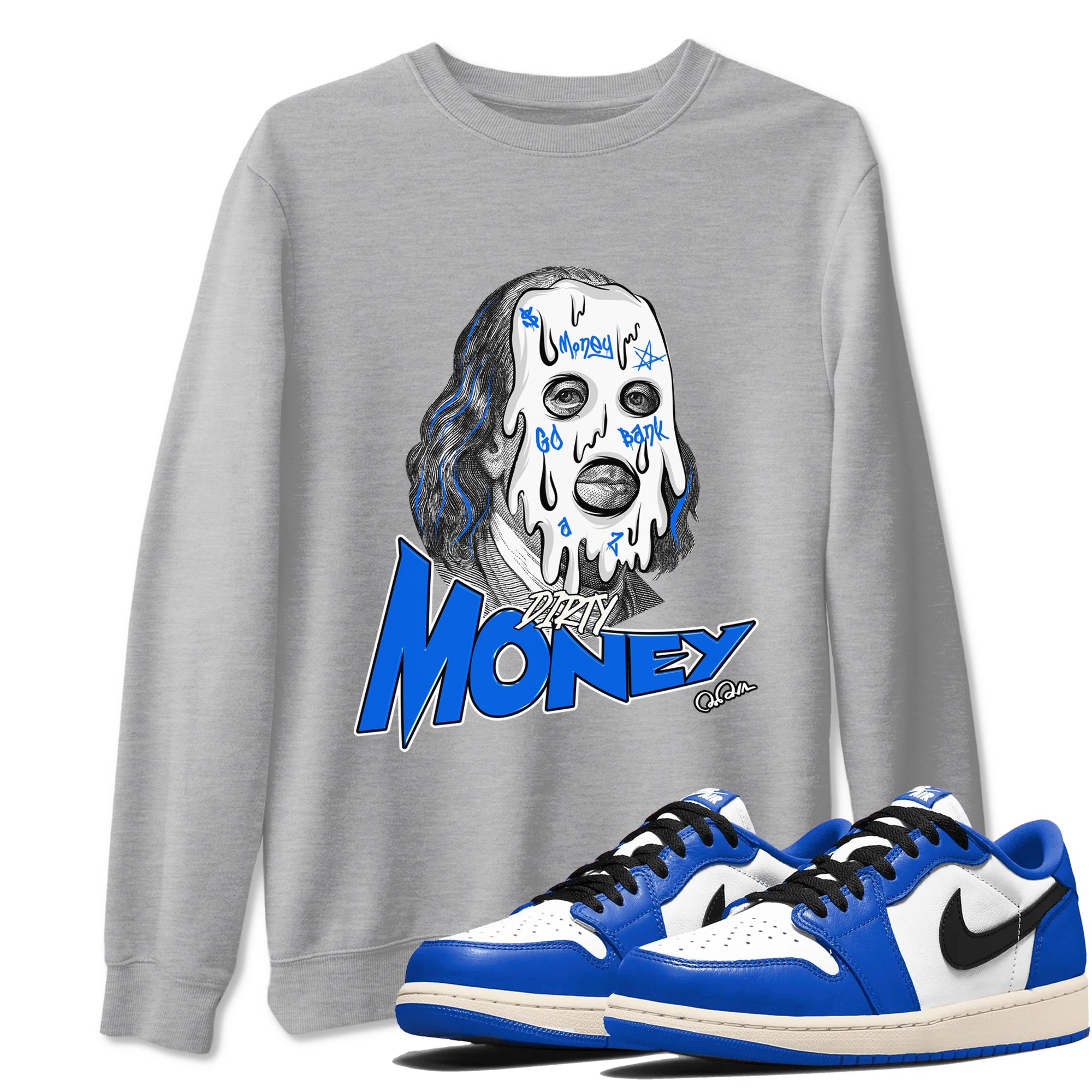 AJ1 Game Royal shirt to match jordans Dirty Money sneaker tees Air Jordan 1 Game Royal Drip Gear Zone unisex cotton Heather Grey 1 crew neck shirt