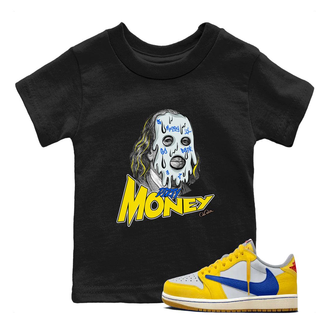 1s Travis Scott Canary shirt to match jordans Dirty Money sneaker tees Air Jordan 1 Travis Scott Canary Drip Gear Zone baby toddler Black 1 cotton Shirt