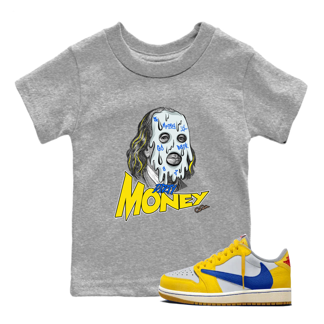 1s Travis Scott Canary shirt to match jordans Dirty Money sneaker tees Air Jordan 1 Travis Scott Canary Drip Gear Zone baby toddler Heather Grey 1 cotton Shirt