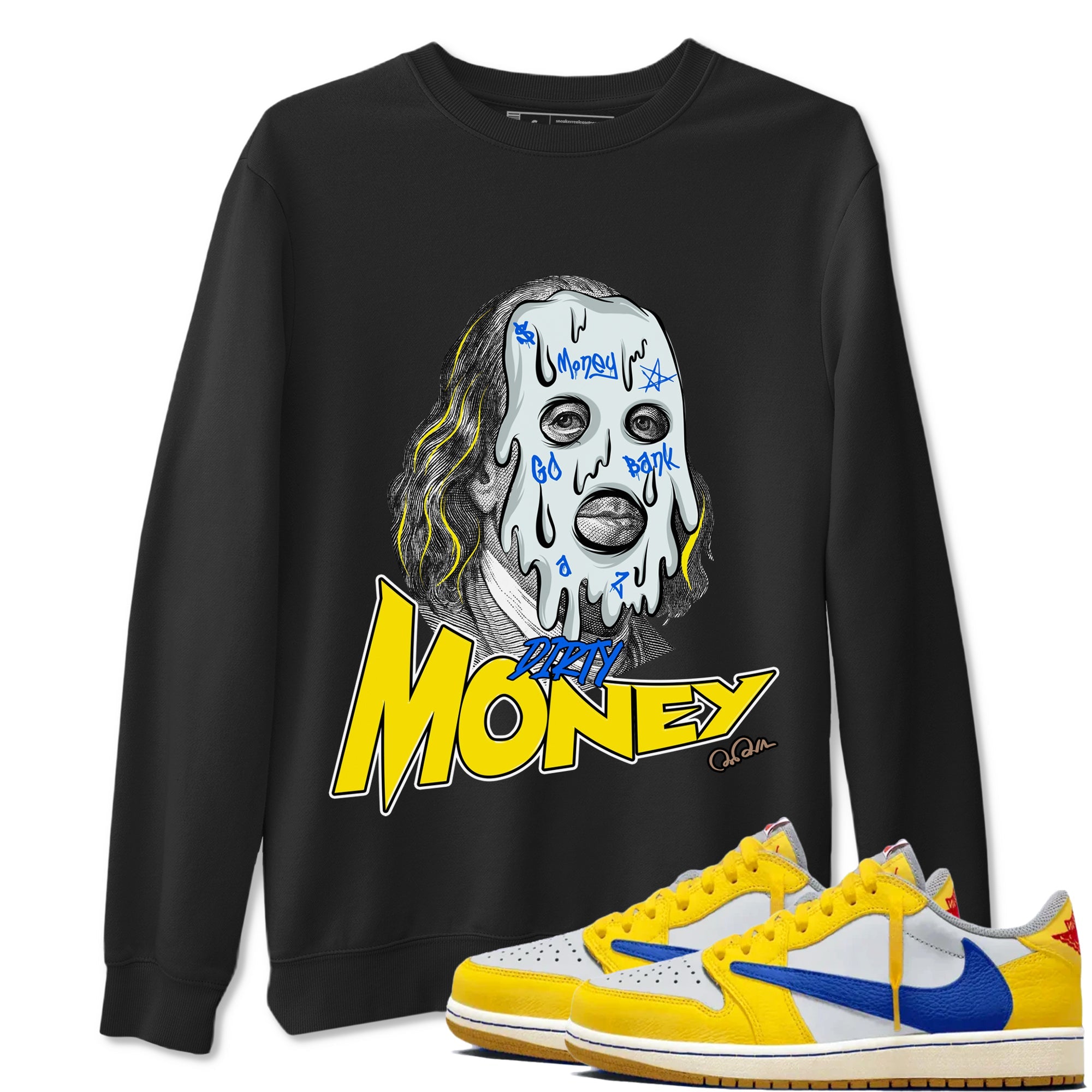 1s Travis Scott Canary shirt to match jordans Dirty Money sneaker tees Air Jordan 1 Travis Scott Canary Drip Gear Zone unisex cotton Black 1 crew neck shirt