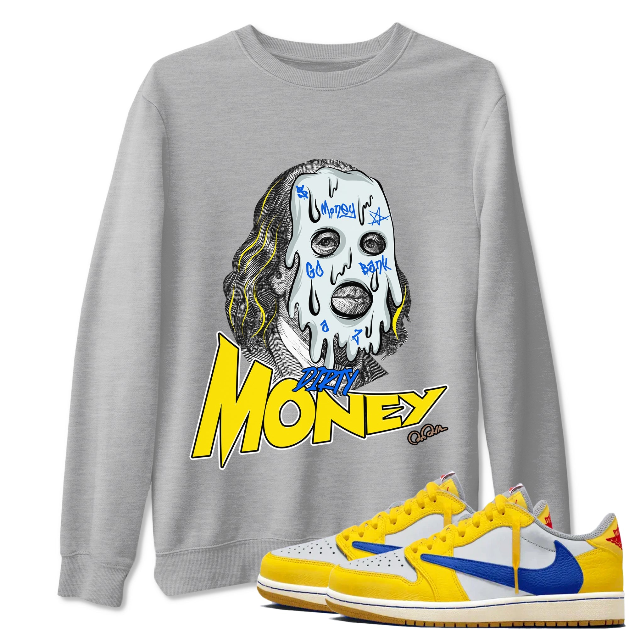 1s Travis Scott Canary shirt to match jordans Dirty Money sneaker tees Air Jordan 1 Travis Scott Canary Drip Gear Zone unisex cotton Heather Grey 1 crew neck shirt