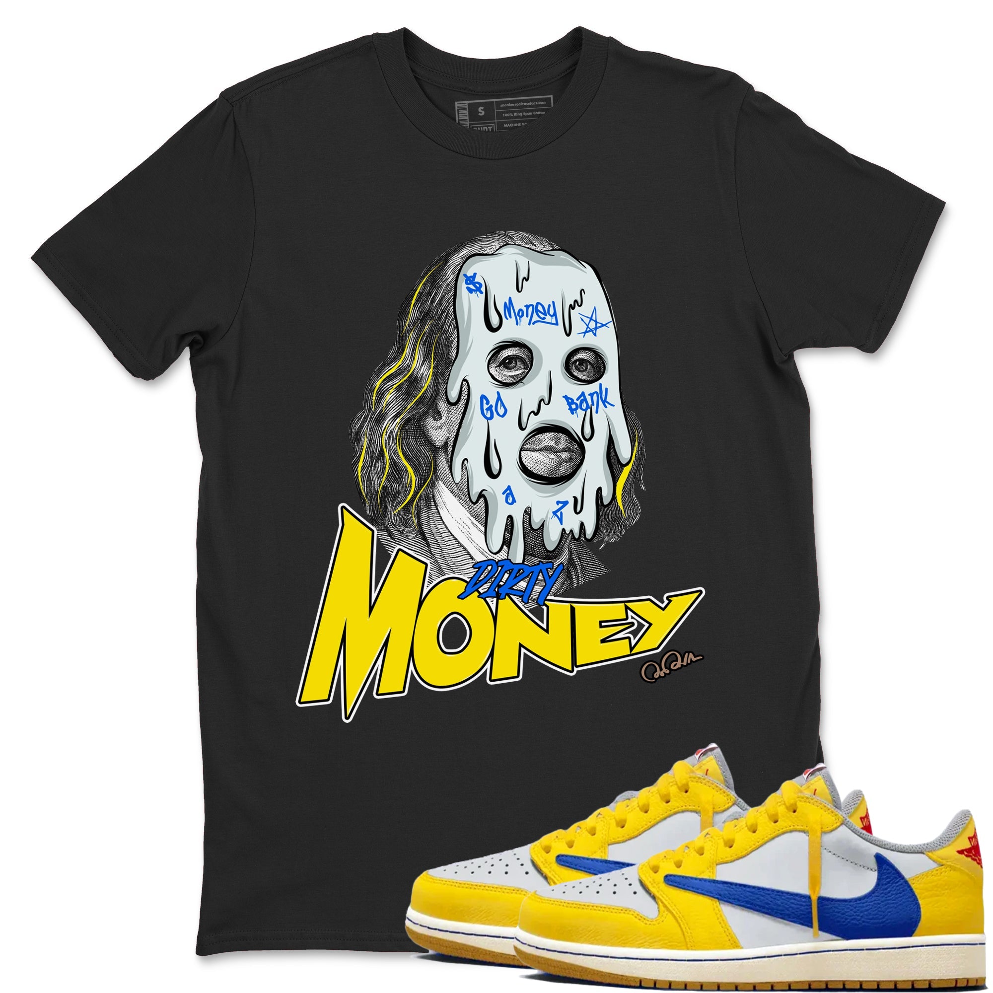 1s Travis Scott Canary shirt to match jordans Dirty Money sneaker tees Air Jordan 1 Travis Scott Canary Drip Gear Zone unisex cotton Black 1 crew neck shirt