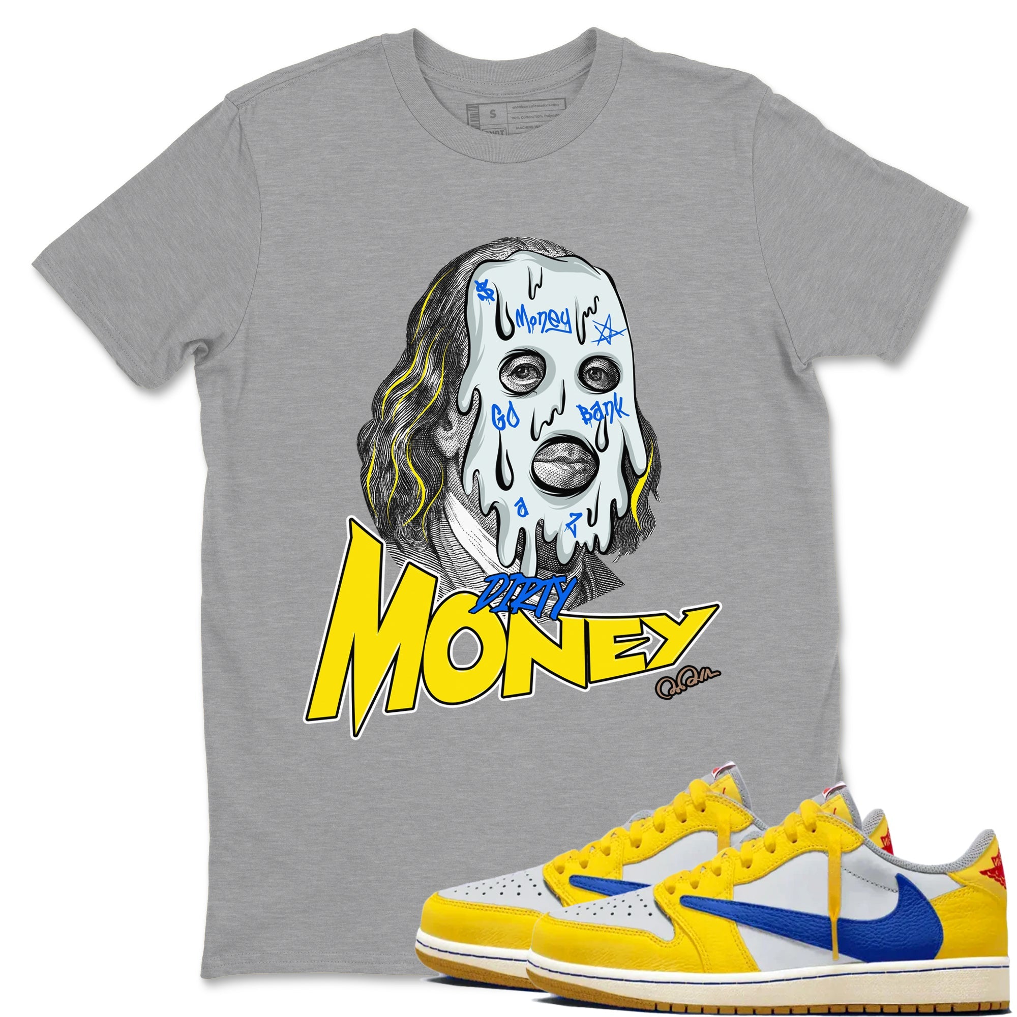 1s Travis Scott Canary shirt to match jordans Dirty Money sneaker tees Air Jordan 1 Travis Scott Canary Drip Gear Zone unisex cotton Heather Grey 1 crew neck shirt