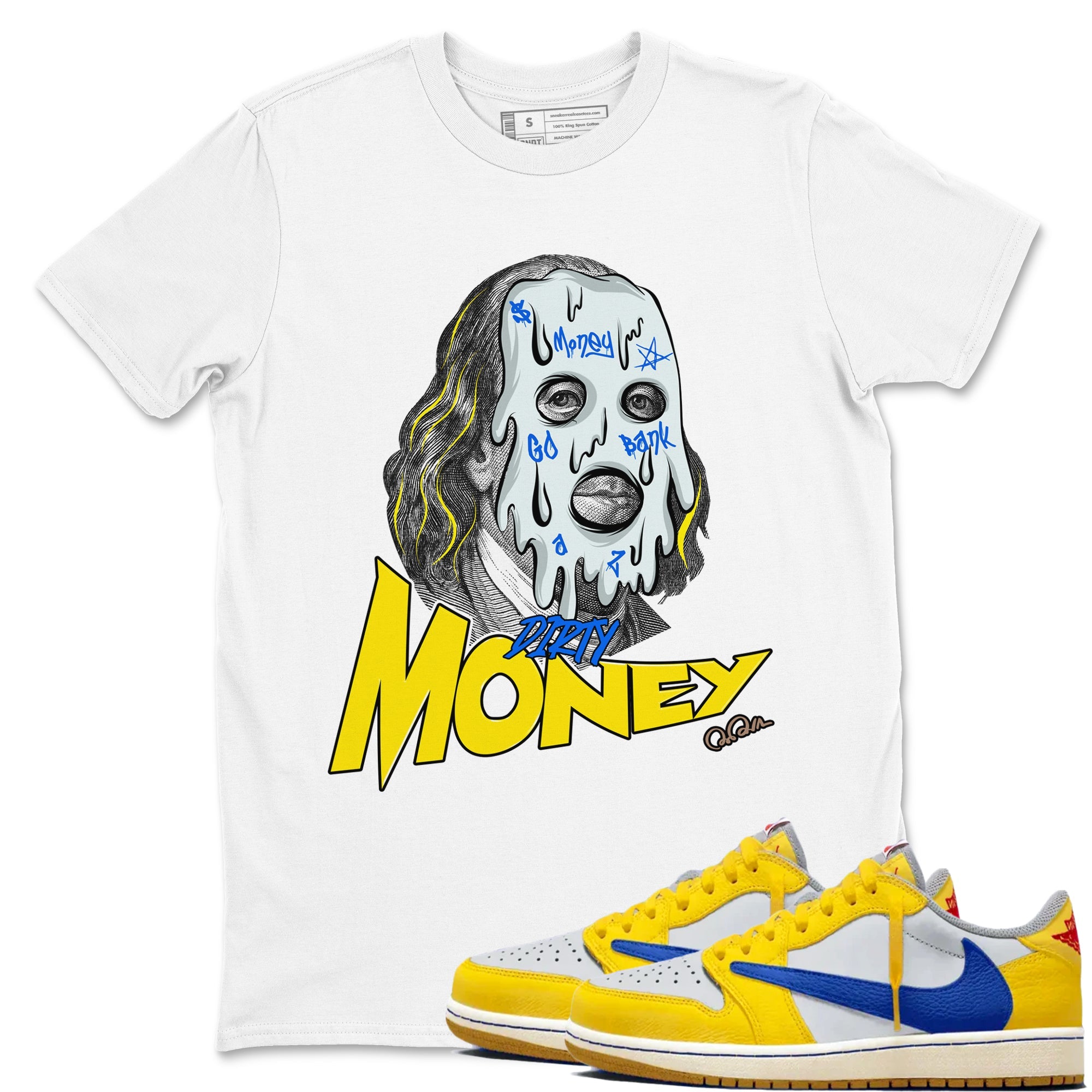 1s Travis Scott Canary shirt to match jordans Dirty Money sneaker tees Air Jordan 1 Travis Scott Canary Drip Gear Zone unisex cotton White 1 crew neck shirt