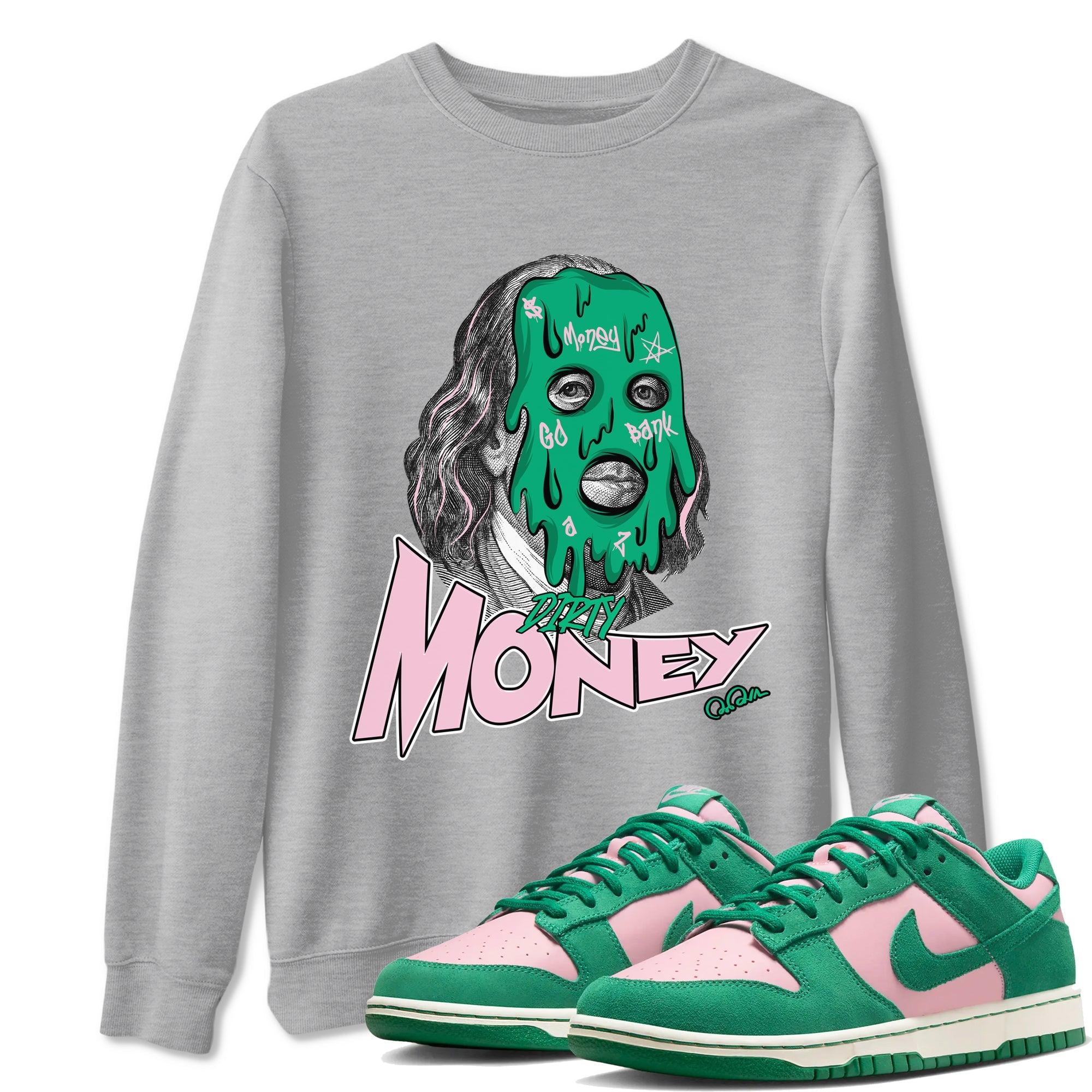 Dunk Low Medium Soft Pink Malachite shirt to match jordans Dirty Money sneaker tees Dunk Medium Soft Pink Malachite Drip Gear Zone unisex cotton Heather Grey 1 crew neck shirt