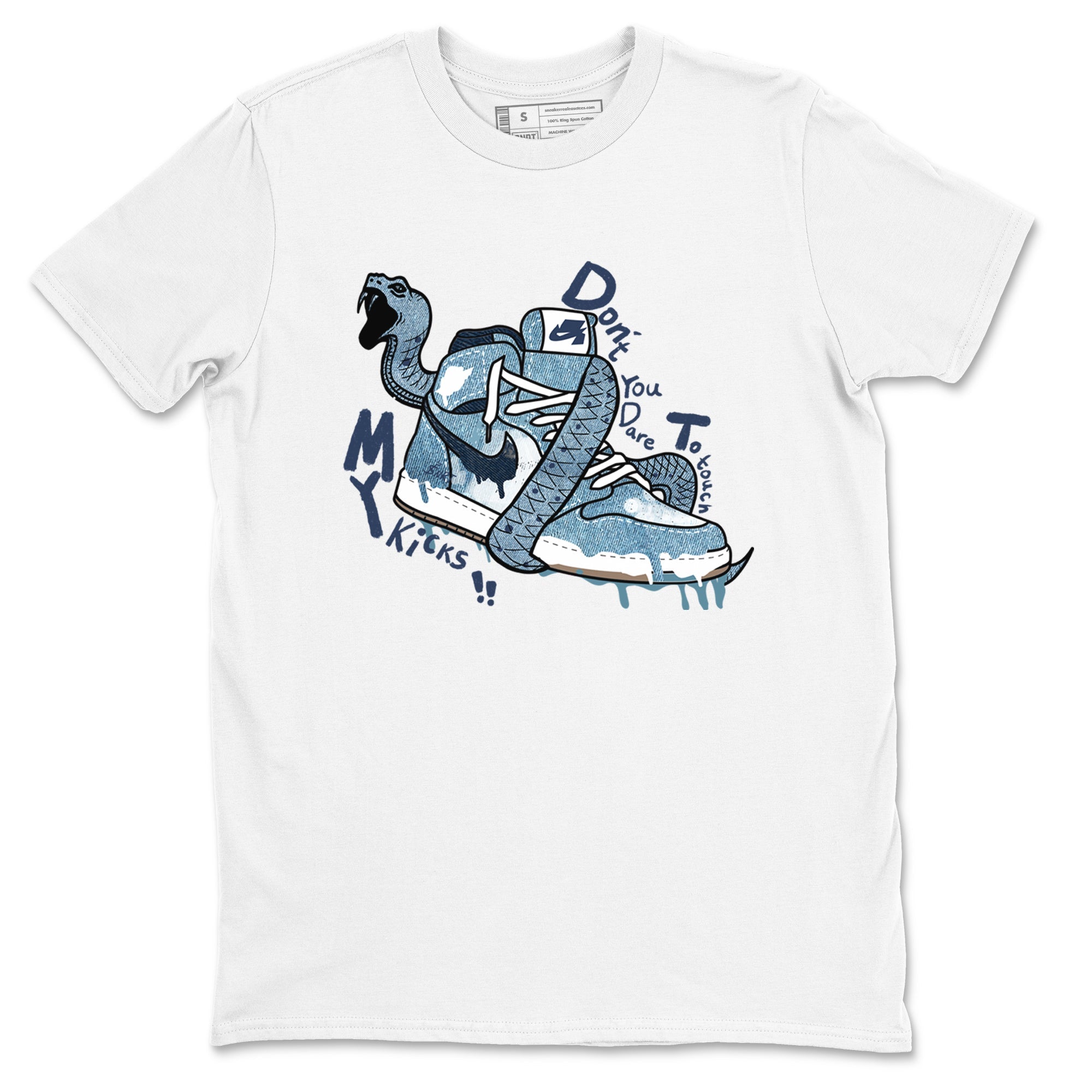 1s Denim shirts to match jordans Don't Touch My Kicks sneaker match tees Air Jordan 1 Denim Drip Gear Zone streetwear brand White 2 unisex cotton tee