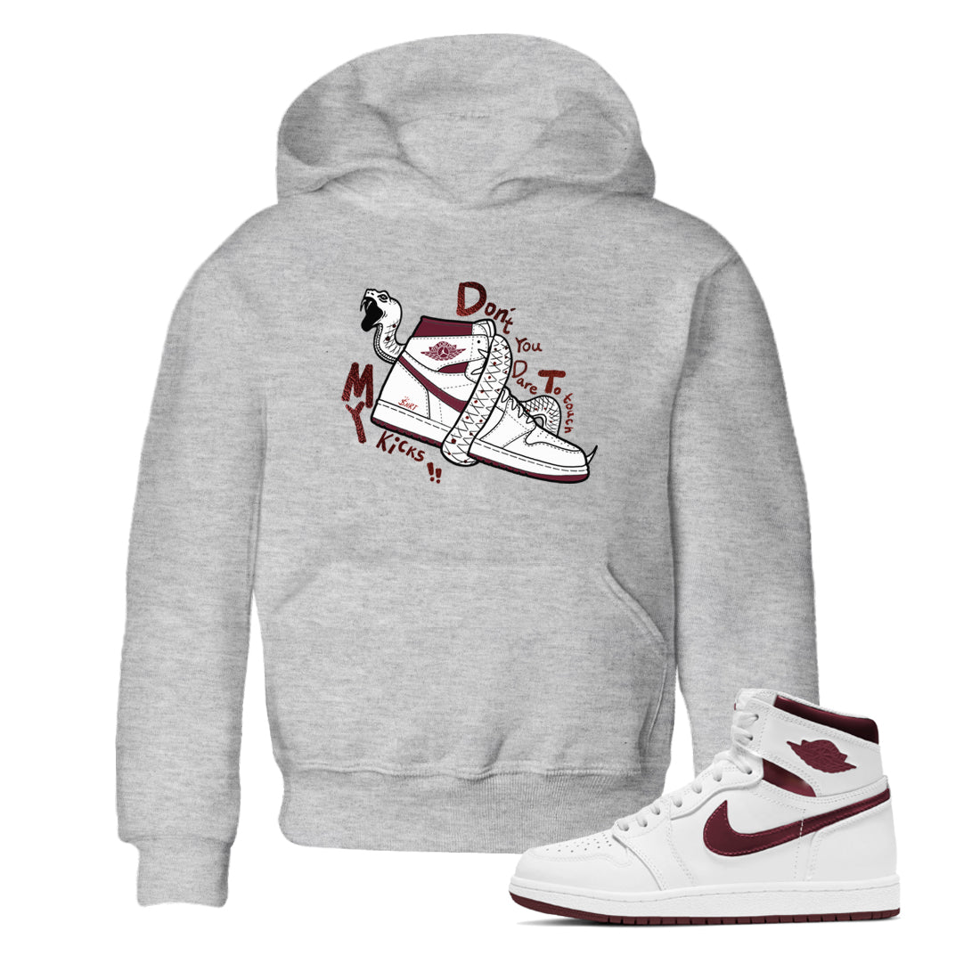 AJ1 High '85 Metallic Burgundy shirts to match jordans Don't Touch My Kicks sneaker match tees 1s High '85 Metallic Burgundy Drip Gear Zone streetwear brand Baby and Youth Heather Grey 1 cotton tee