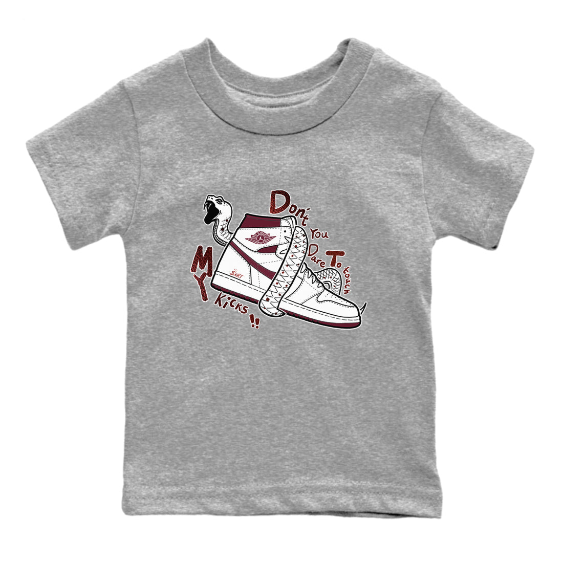 AJ1 High '85 Metallic Burgundy shirts to match jordans Don't Touch My Kicks sneaker match tees 1s High '85 Metallic Burgundy Drip Gear Zone streetwear brand Baby and Youth Heather Grey 2 cotton tee