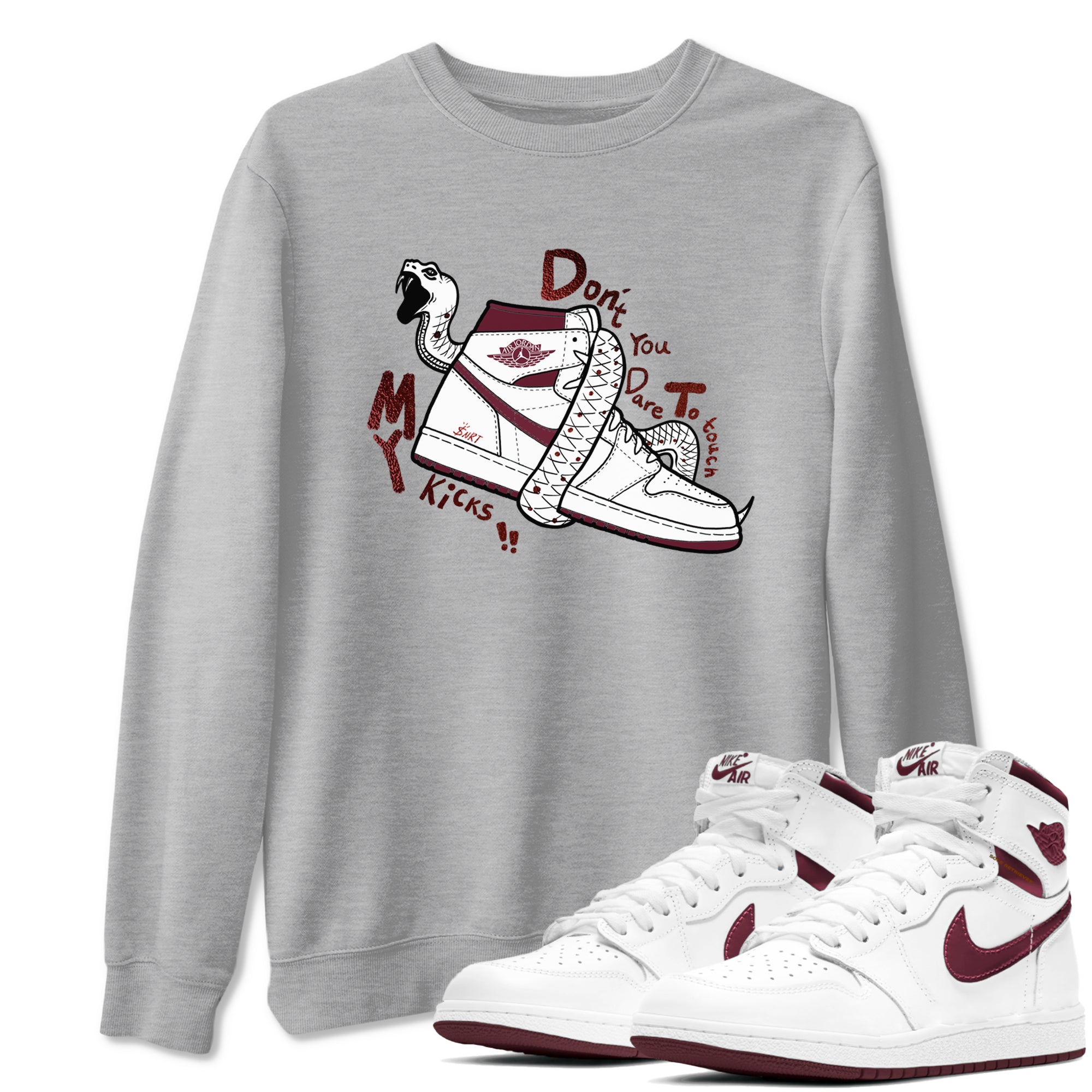 AJ1 High '85 Metallic Burgundy shirts to match jordans Don't Touch My Kicks sneaker match tees 1s High '85 Metallic Burgundy Drip Gear Zone streetwear brand Heather Grey 1 unisex cotton tee