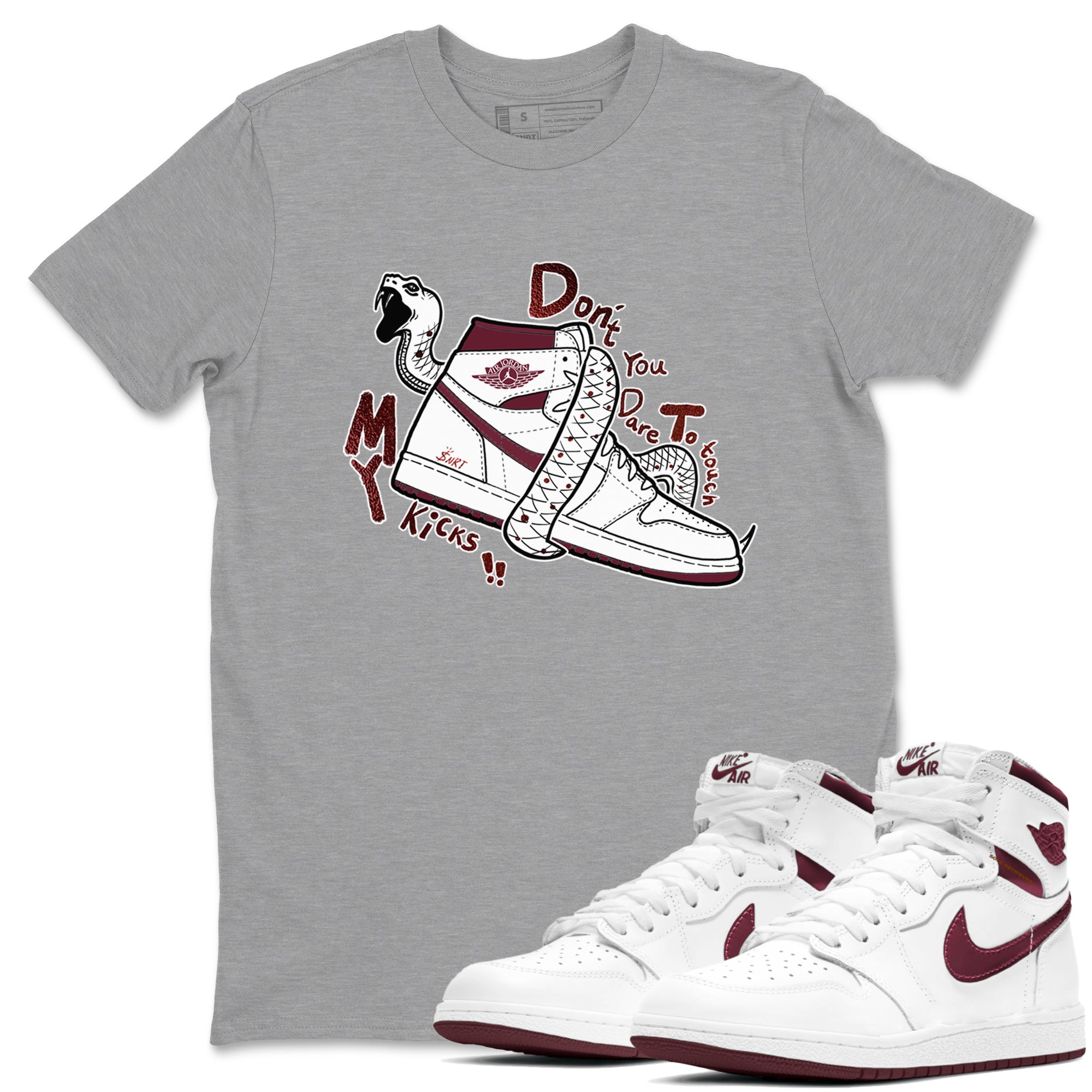 AJ1 High '85 Metallic Burgundy shirts to match jordans Don't Touch My Kicks sneaker match tees 1s High '85 Metallic Burgundy Drip Gear Zone streetwear brand Heather Grey 1 unisex cotton tee