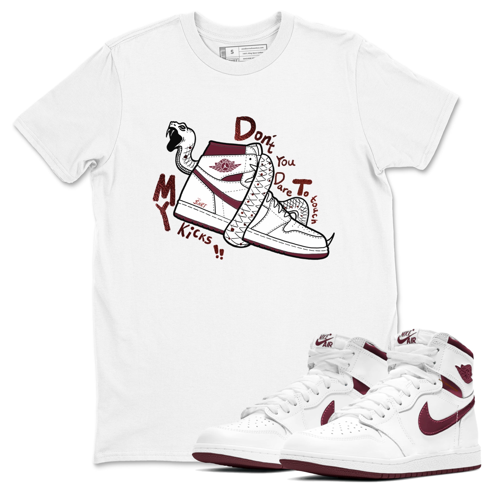 AJ1 High '85 Metallic Burgundy shirts to match jordans Don't Touch My Kicks sneaker match tees 1s High '85 Metallic Burgundy Drip Gear Zone streetwear brand White 1 unisex cotton tee