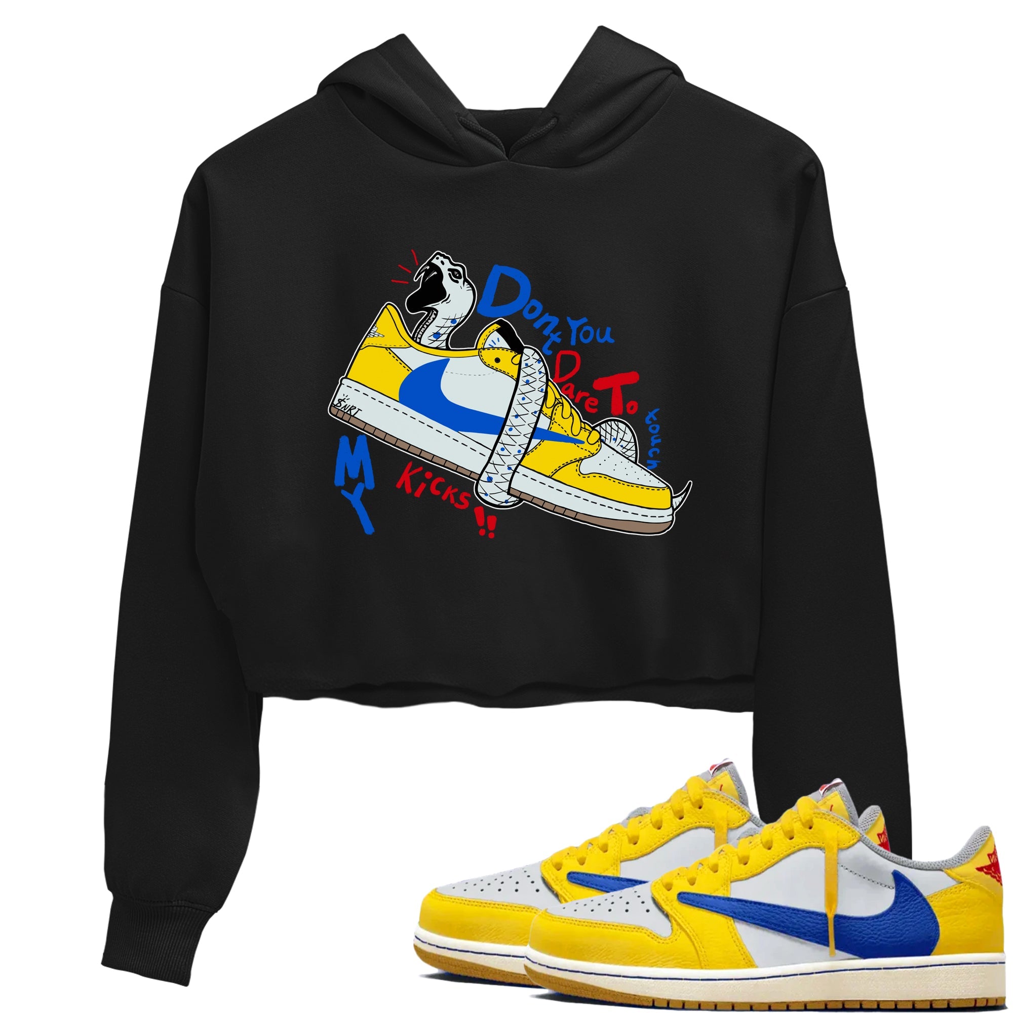 1s Travis Scott Canary shirt to match jordans Don't Touch My Kicks sneaker tees Air Jordan 1 Travis Scott Canary Drip Gear Zone Black 1 crop length shirt