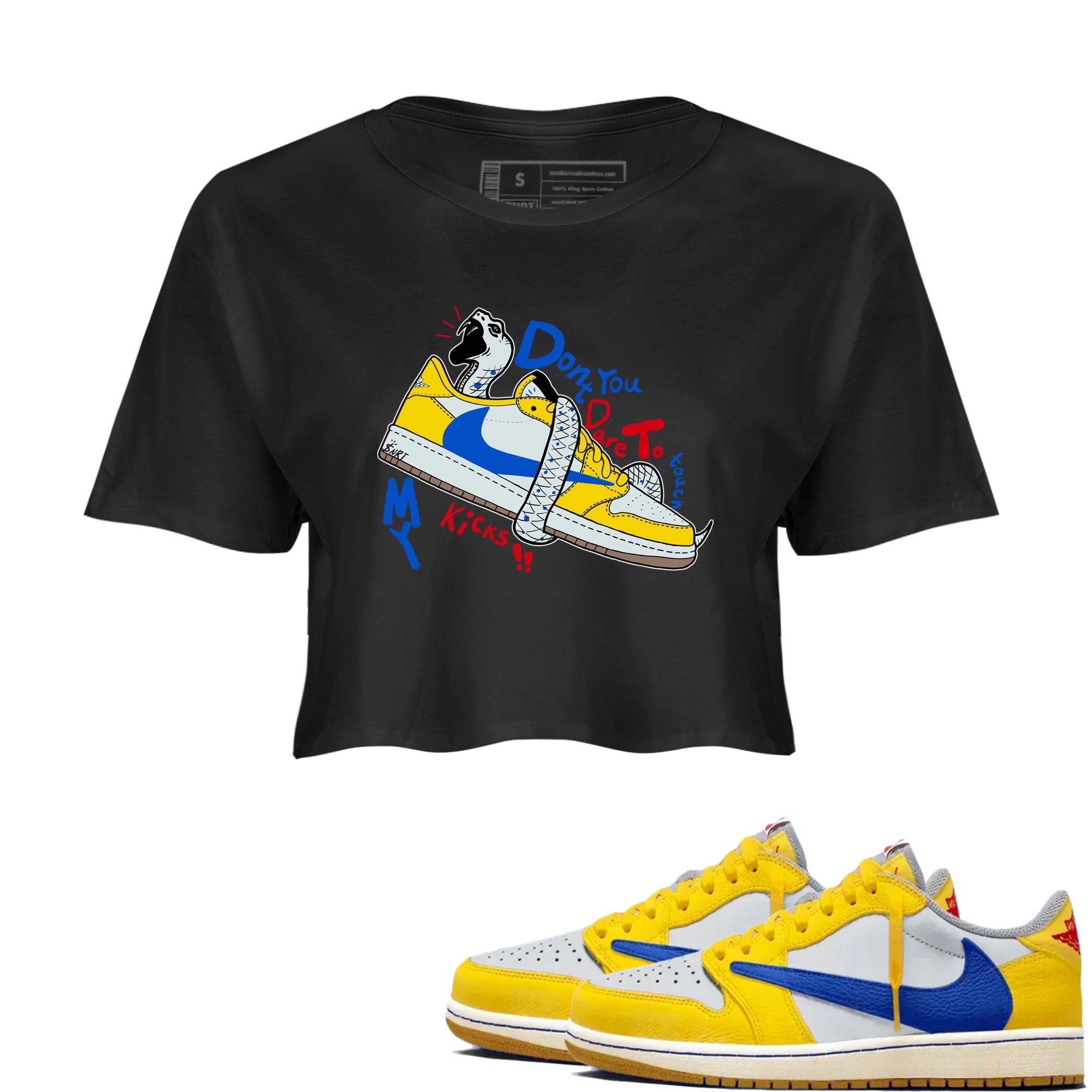 1s Travis Scott Canary shirt to match jordans Don't Touch My Kicks sneaker tees Air Jordan 1 Travis Scott Canary Drip Gear Zone Black 1 crop length shirt