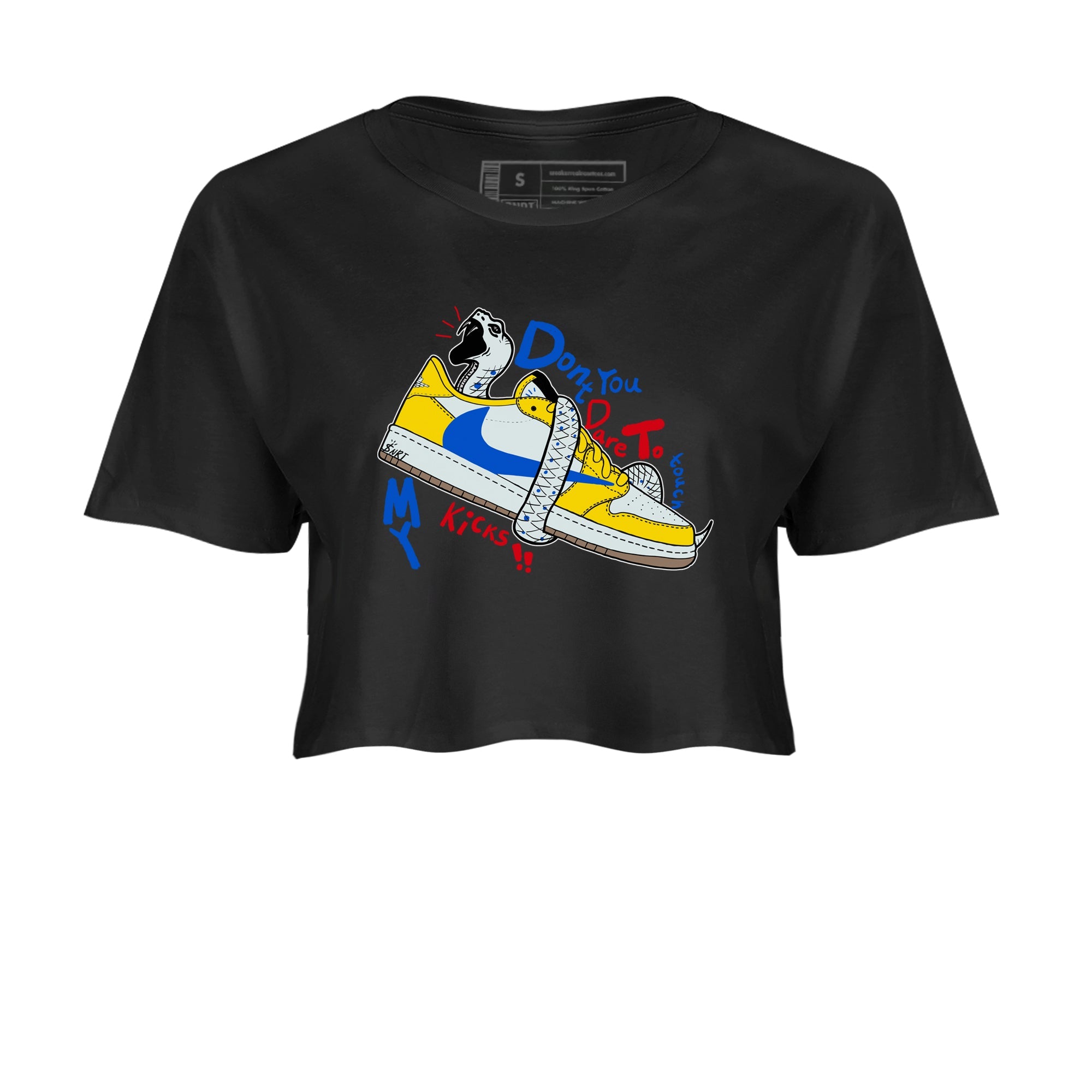 1s Travis Scott Canary shirt to match jordans Don't Touch My Kicks sneaker tees Air Jordan 1 Travis Scott Canary Drip Gear Zone Black 2 crop length shirt