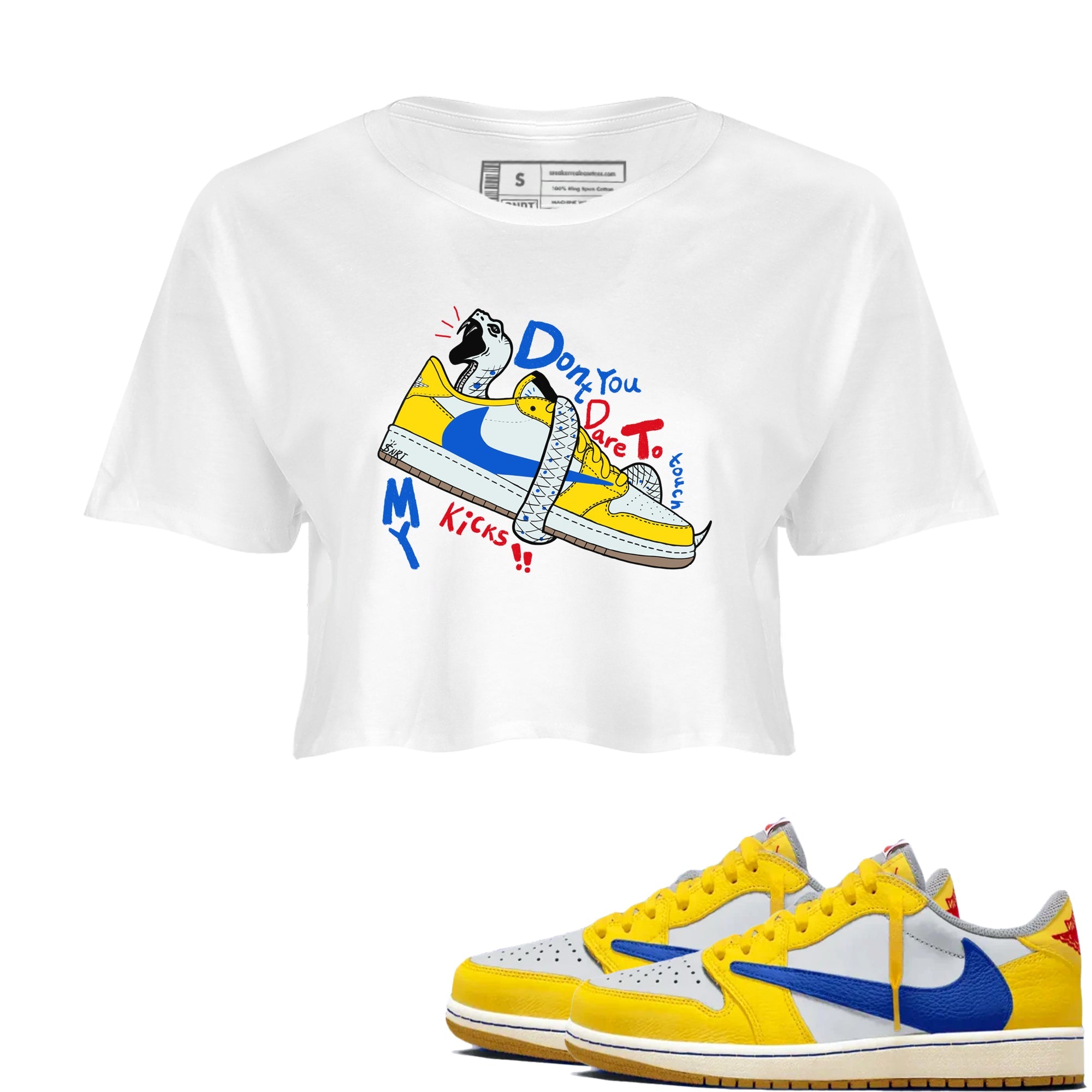 1s Travis Scott Canary shirt to match jordans Don't Touch My Kicks sneaker tees Air Jordan 1 Travis Scott Canary Drip Gear Zone White 1 crop length shirt