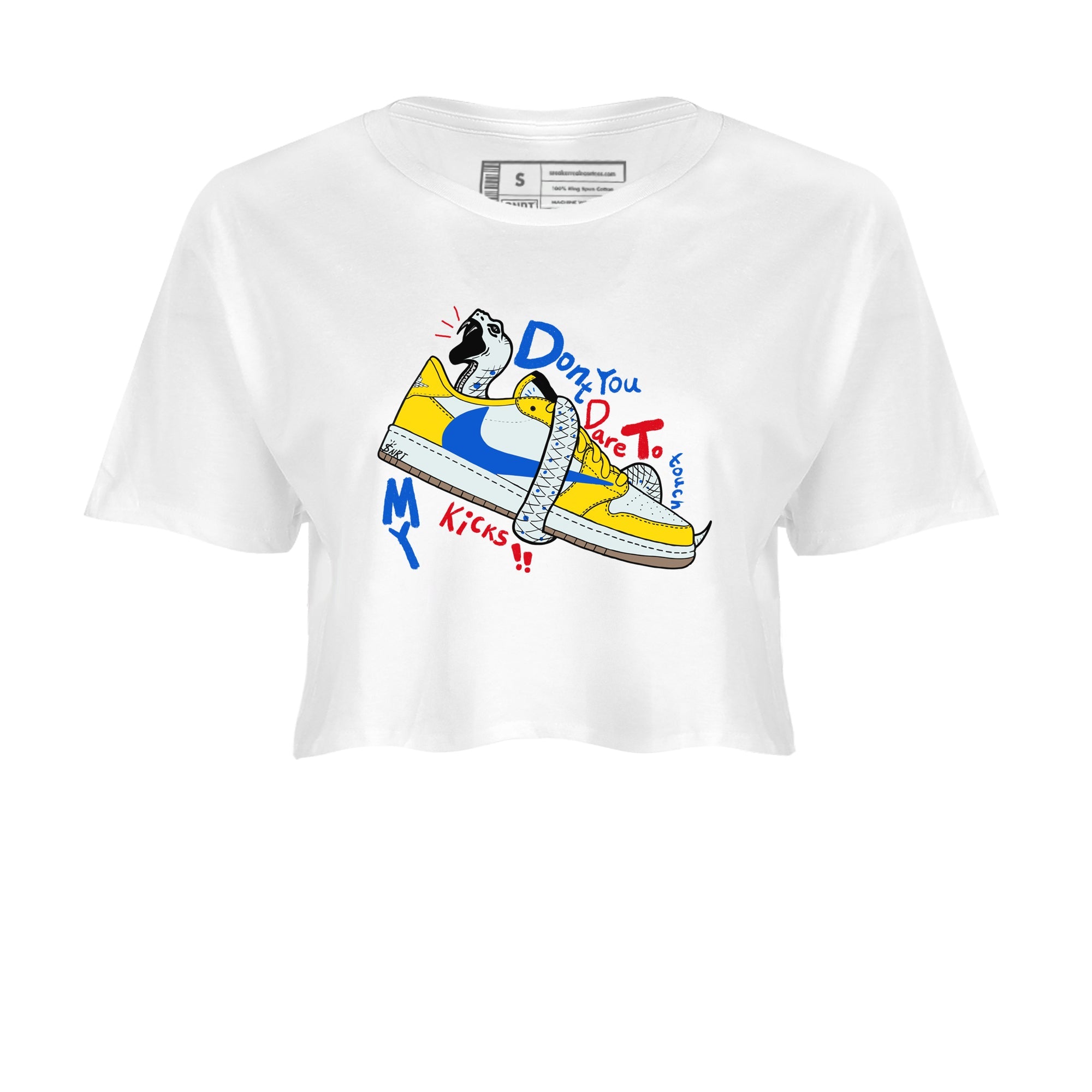 1s Travis Scott Canary shirt to match jordans Don't Touch My Kicks sneaker tees Air Jordan 1 Travis Scott Canary Drip Gear Zone White 2 crop length shirt