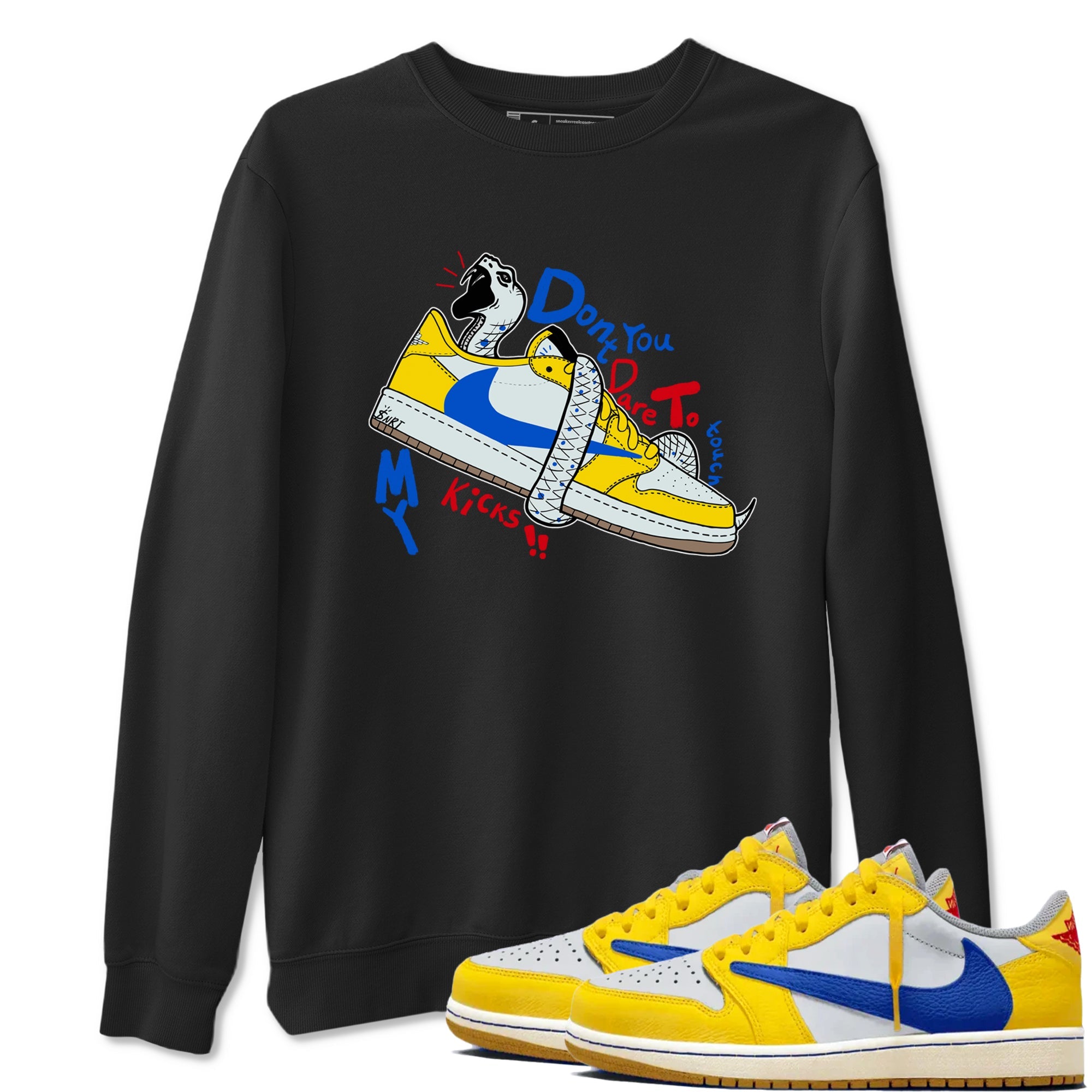 1s Travis Scott Canary shirt to match jordans Don't Touch My Kicks sneaker tees Air Jordan 1 Travis Scott Canary Drip Gear Zone unisex cotton Black 1 crew neck shirt