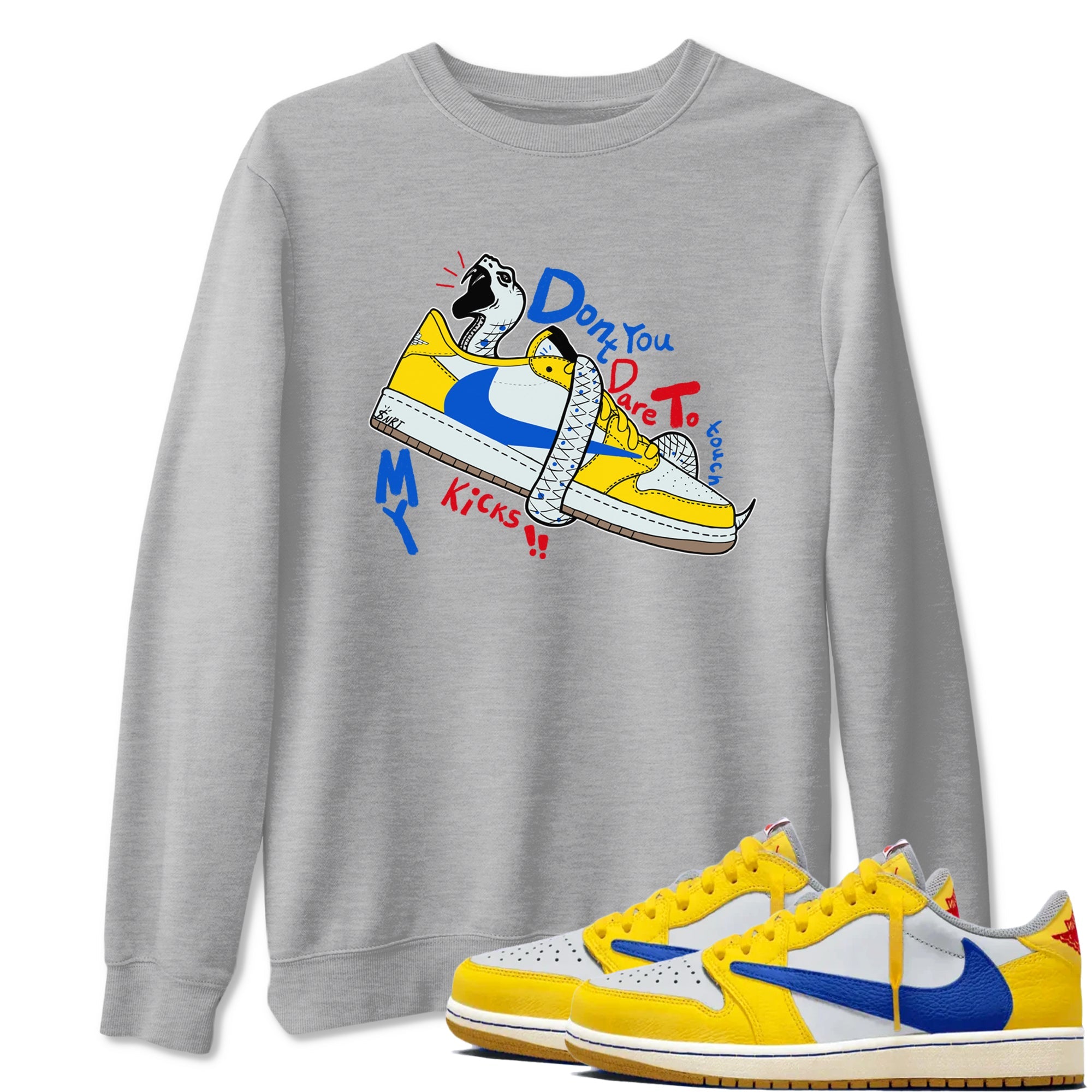 1s Travis Scott Canary shirt to match jordans Don't Touch My Kicks sneaker tees Air Jordan 1 Travis Scott Canary Drip Gear Zone unisex cotton Heather Grey 1 crew neck shirt