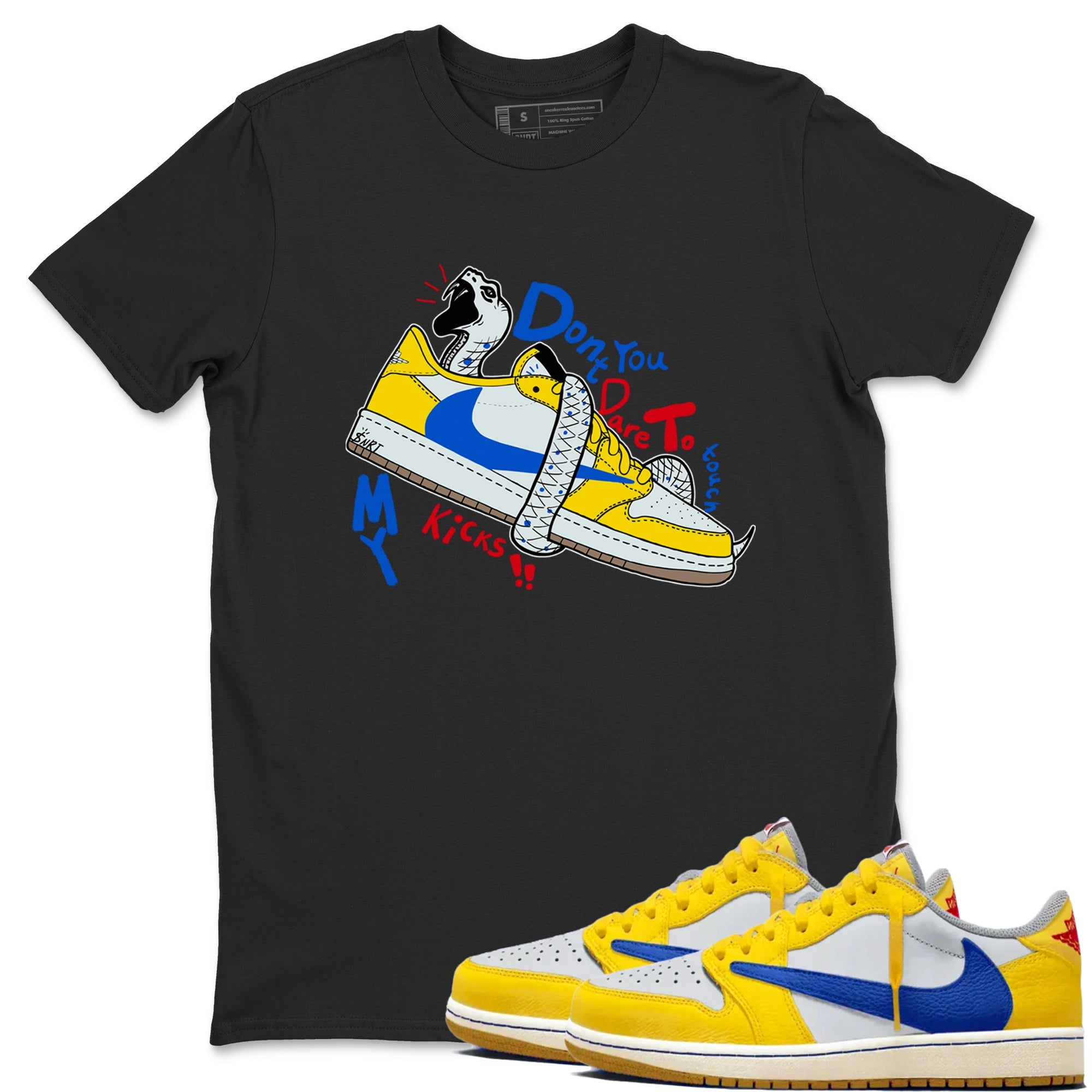 1s Travis Scott Canary shirt to match jordans Don't Touch My Kicks sneaker tees Air Jordan 1 Travis Scott Canary Drip Gear Zone unisex cotton Black 1 crew neck shirt