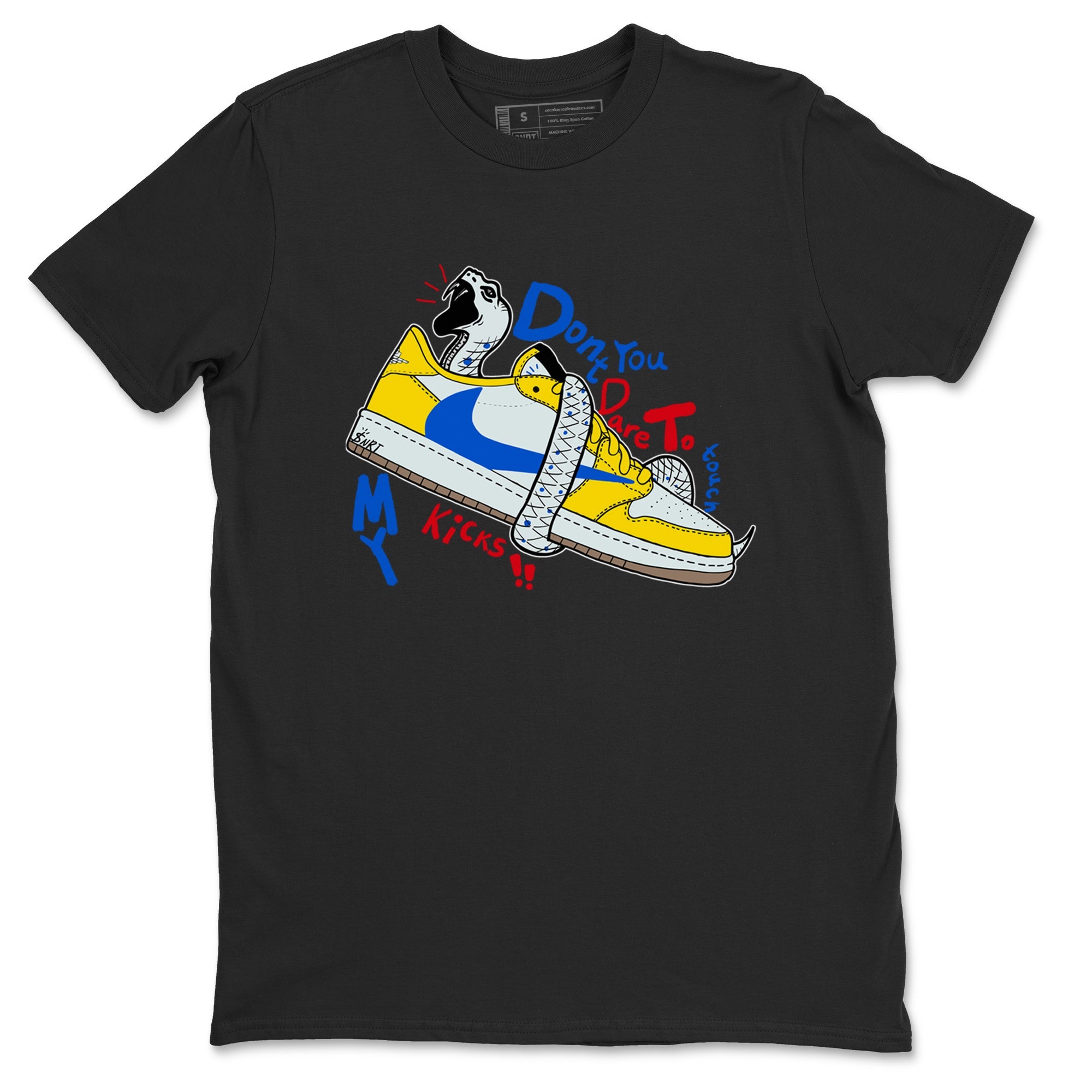 1s Travis Scott Canary shirt to match jordans Don't Touch My Kicks sneaker tees Air Jordan 1 Travis Scott Canary Drip Gear Zone unisex cotton Black 2 crew neck shirt