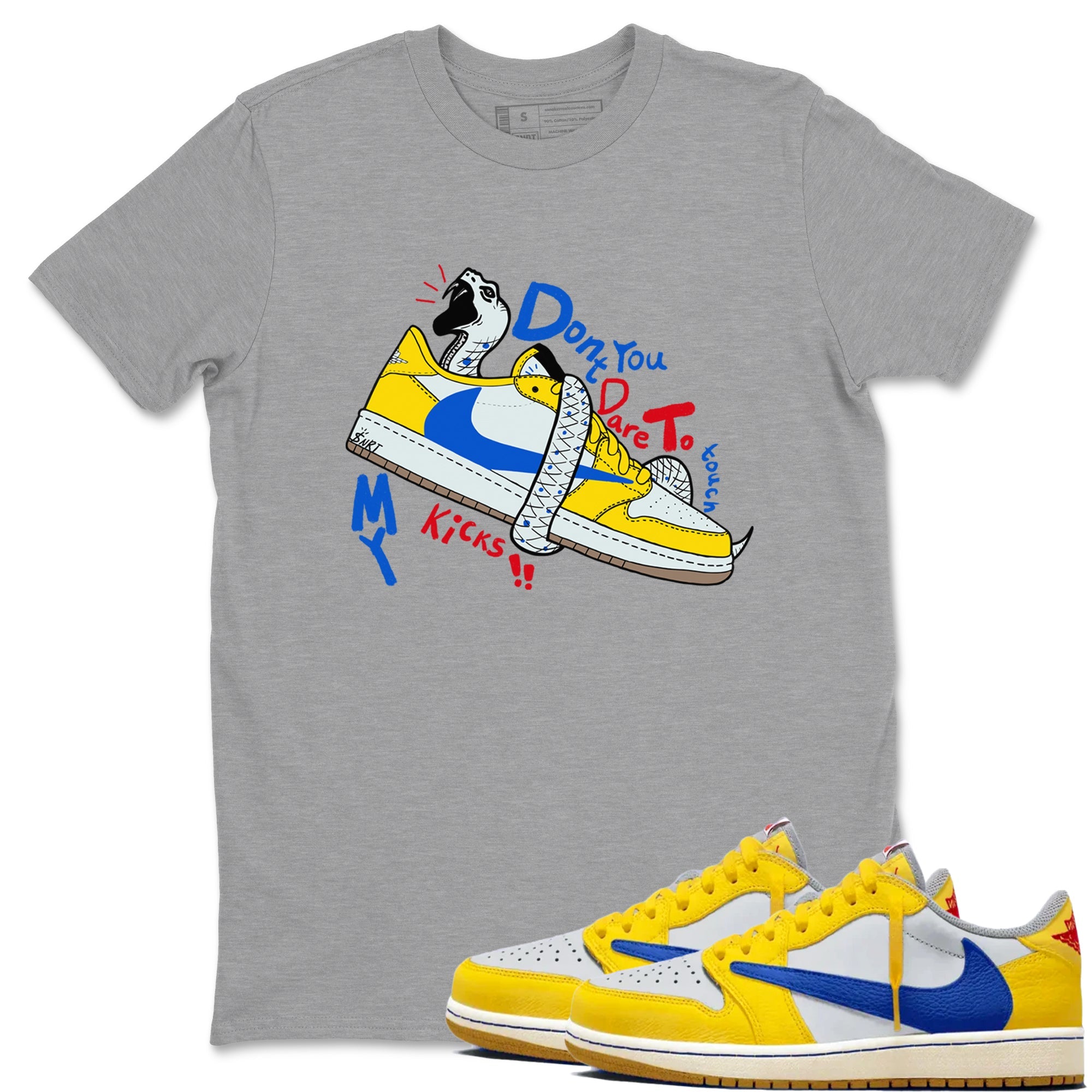 1s Travis Scott Canary shirt to match jordans Don't Touch My Kicks sneaker tees Air Jordan 1 Travis Scott Canary Drip Gear Zone unisex cotton Heather Grey 1 crew neck shirt