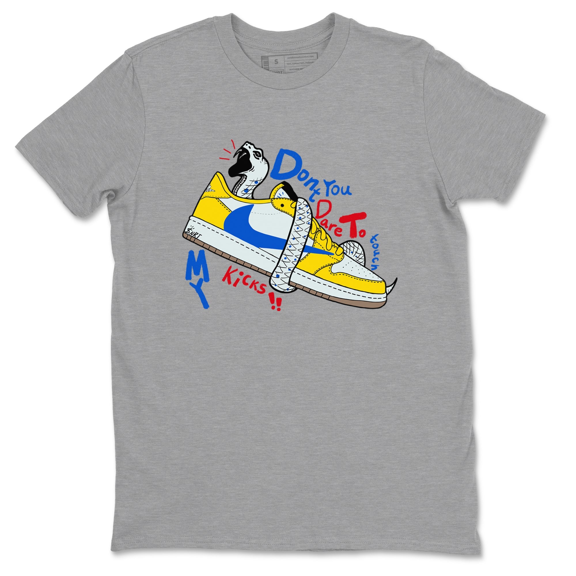 1s Travis Scott Canary shirt to match jordans Don't Touch My Kicks sneaker tees Air Jordan 1 Travis Scott Canary Drip Gear Zone unisex cotton Heather Grey 2 crew neck shirt