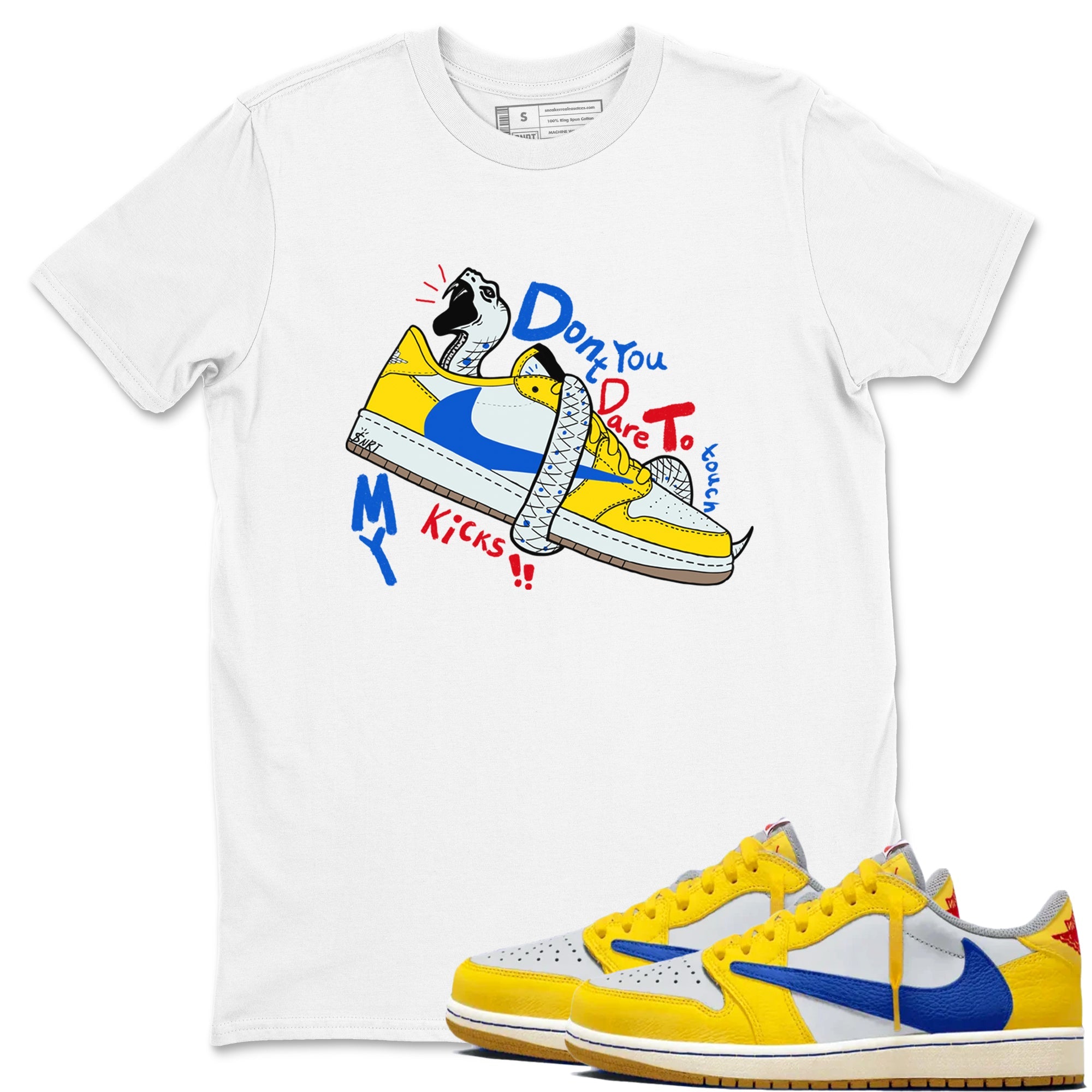1s Travis Scott Canary shirt to match jordans Don't Touch My Kicks sneaker tees Air Jordan 1 Travis Scott Canary Drip Gear Zone unisex cotton White 1 crew neck shirt