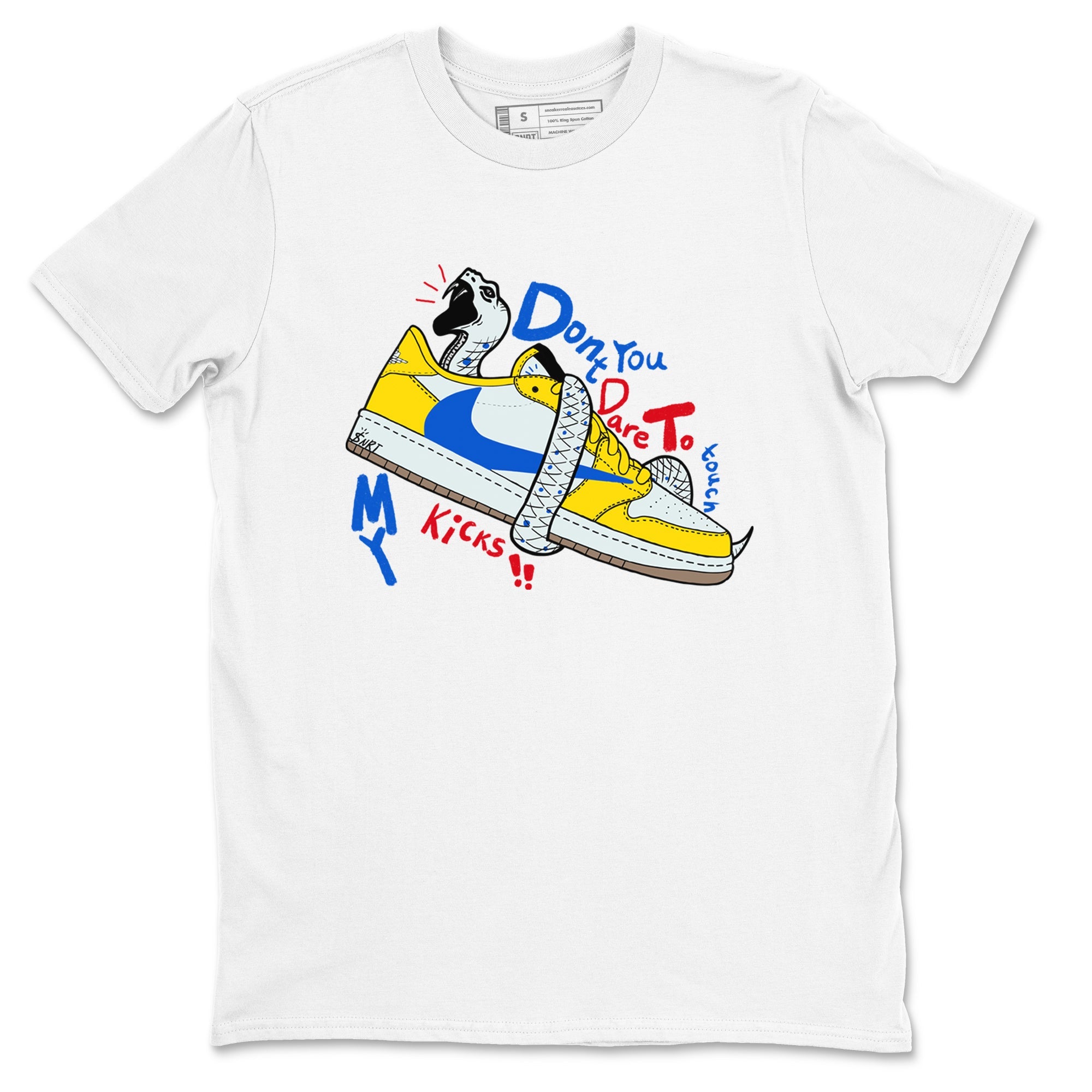 1s Travis Scott Canary shirt to match jordans Don't Touch My Kicks sneaker tees Air Jordan 1 Travis Scott Canary Drip Gear Zone unisex cotton White 2 crew neck shirt