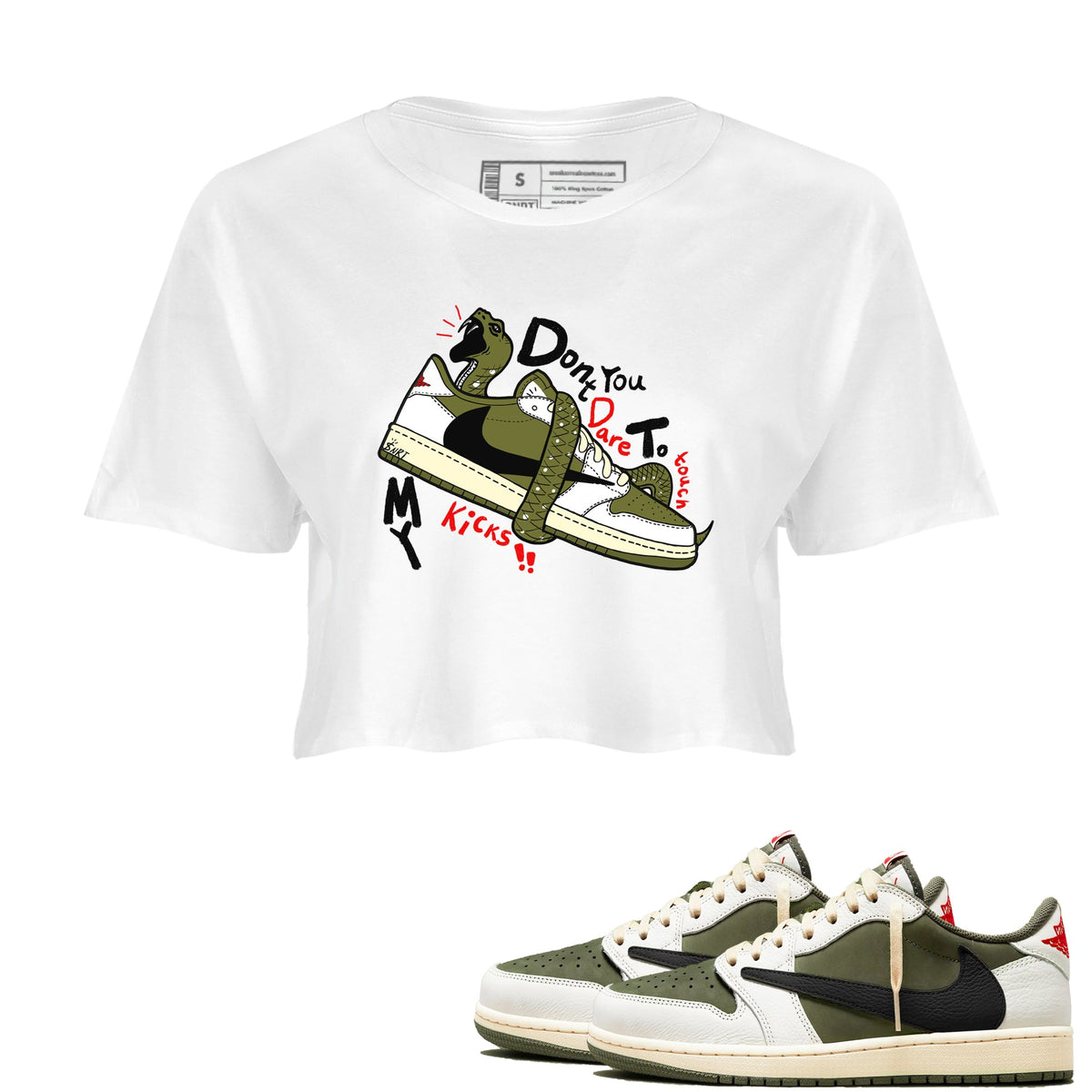 Jordan 1 Olive t shirts to match sneakers Don't Touch My Kicks sneaker match tees Air Jordan 1 Low x Travis Scott Reverse Olive tee Drip Gear Zone unisex cotton White 1 crop tee