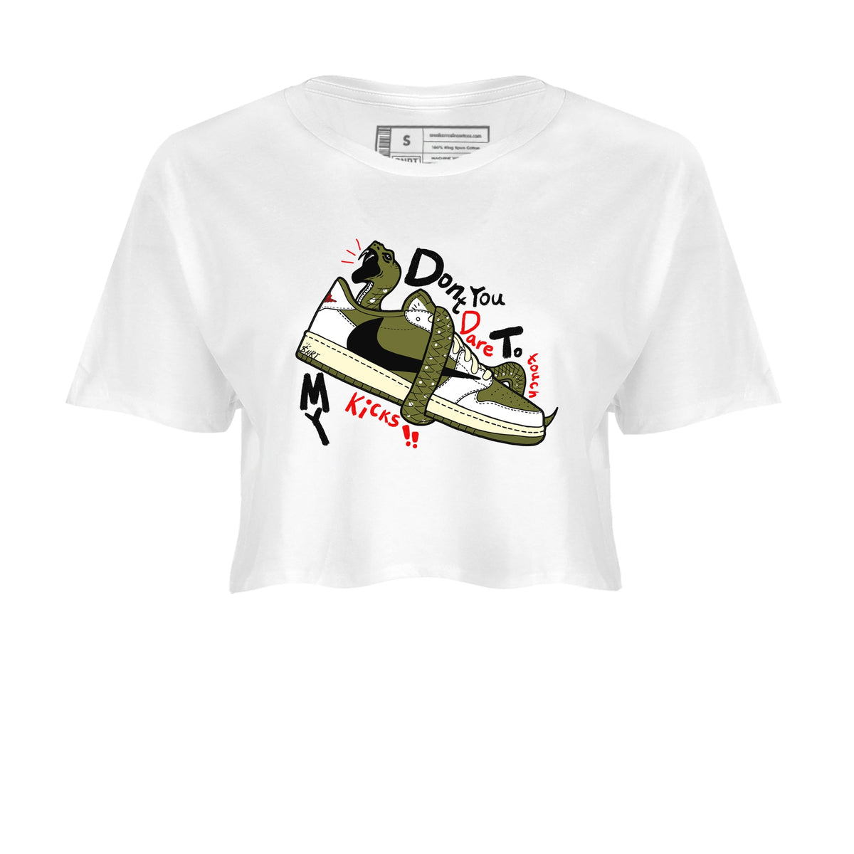 Jordan 1 Olive t shirts to match sneakers Don't Touch My Kicks sneaker match tees Air Jordan 1 Low x Travis Scott Reverse Olive tee Drip Gear Zone unisex cotton White 2 crop tee