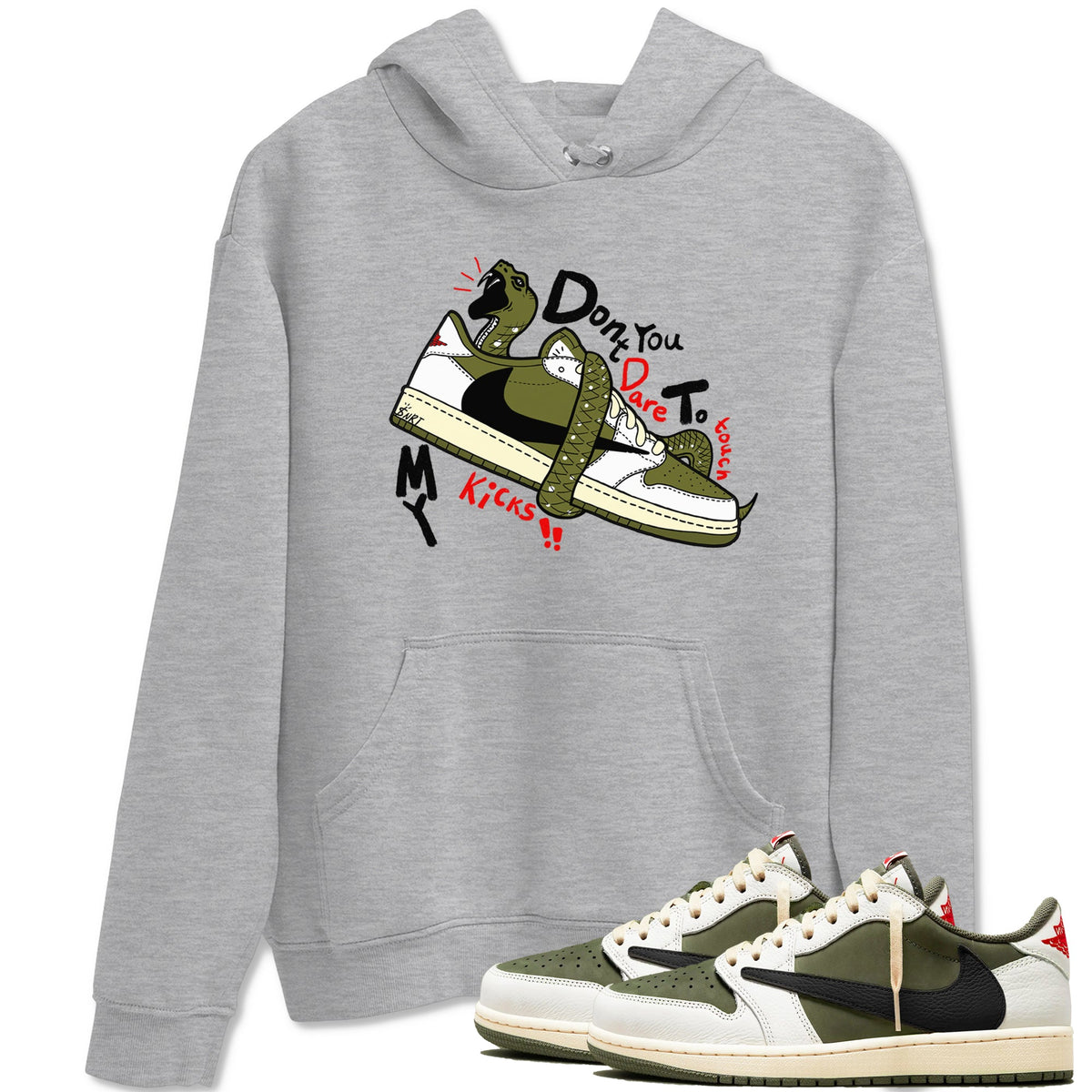 Jordan 1 Olive t shirts to match sneakers Don't Touch My Kicks sneaker match tees Air Jordan 1 Low x Travis Scott Reverse Olive tee Drip Gear Zone unisex cotton Heather Grey 1 shirts