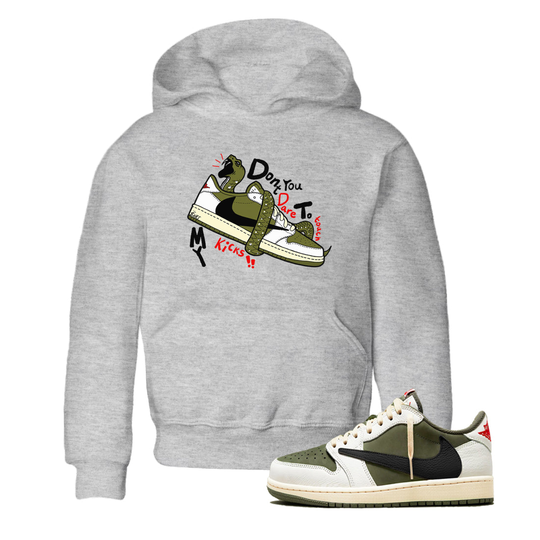Jordan 1 Olive t shirts to match sneakers Don't Touch My Kicks sneaker match tees Air Jordan 1 Low x Travis Scott Reverse Olive tee Drip Gear Zone Youth Baby Heather Grey 1 tee