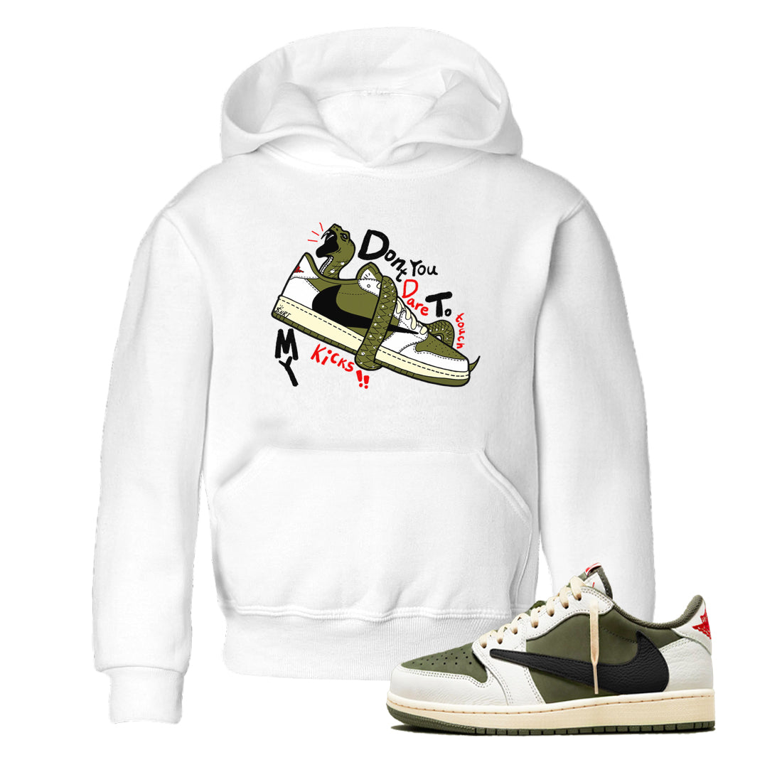 Jordan 1 Olive t shirts to match sneakers Don't Touch My Kicks sneaker match tees Air Jordan 1 Low x Travis Scott Reverse Olive tee Drip Gear Zone Youth Baby White 1 tee