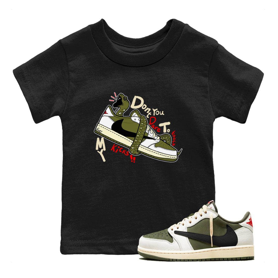 Jordan 1 Olive t shirts to match sneakers Don't Touch My Kicks sneaker match tees Air Jordan 1 Low x Travis Scott Reverse Olive tee Drip Gear Zone Youth Baby Black 1 tee