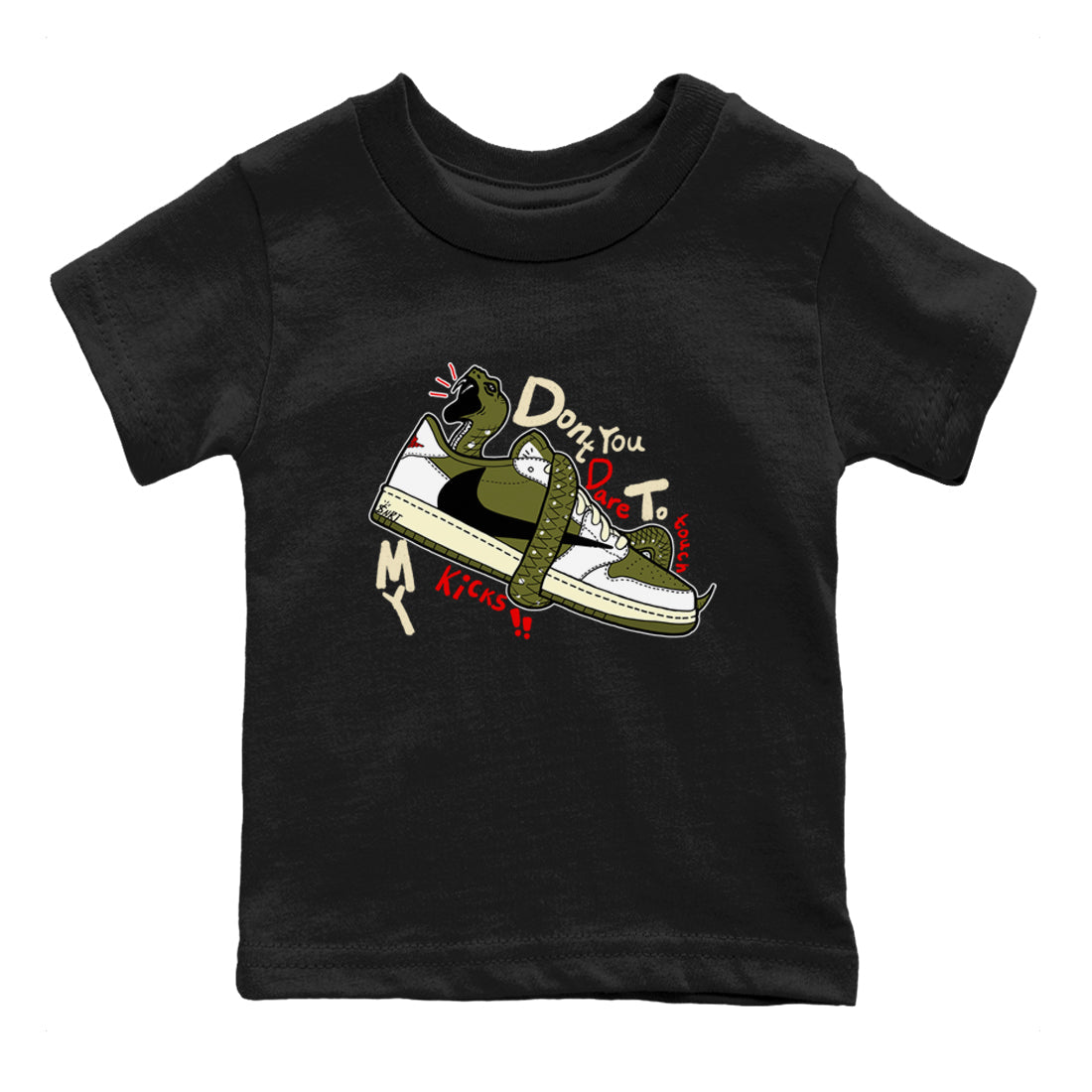 Jordan 1 Olive t shirts to match sneakers Don't Touch My Kicks sneaker match tees Air Jordan 1 Low x Travis Scott Reverse Olive tee Drip Gear Zone Youth Baby Black 2 tee