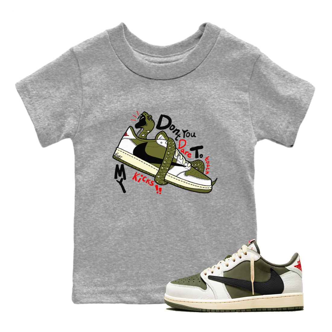 Jordan 1 Olive t shirts to match sneakers Don't Touch My Kicks sneaker match tees Air Jordan 1 Low x Travis Scott Reverse Olive tee Drip Gear Zone Youth Baby Heather Grey 1 tee