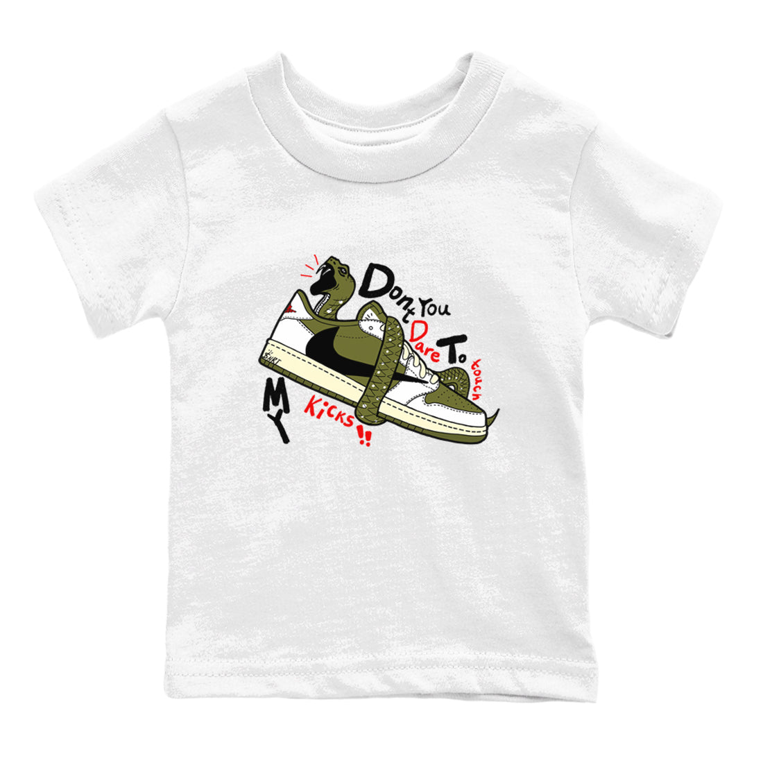Jordan 1 Olive t shirts to match sneakers Don't Touch My Kicks sneaker match tees Air Jordan 1 Low x Travis Scott Reverse Olive tee Drip Gear Zone Youth Baby White 2 tee