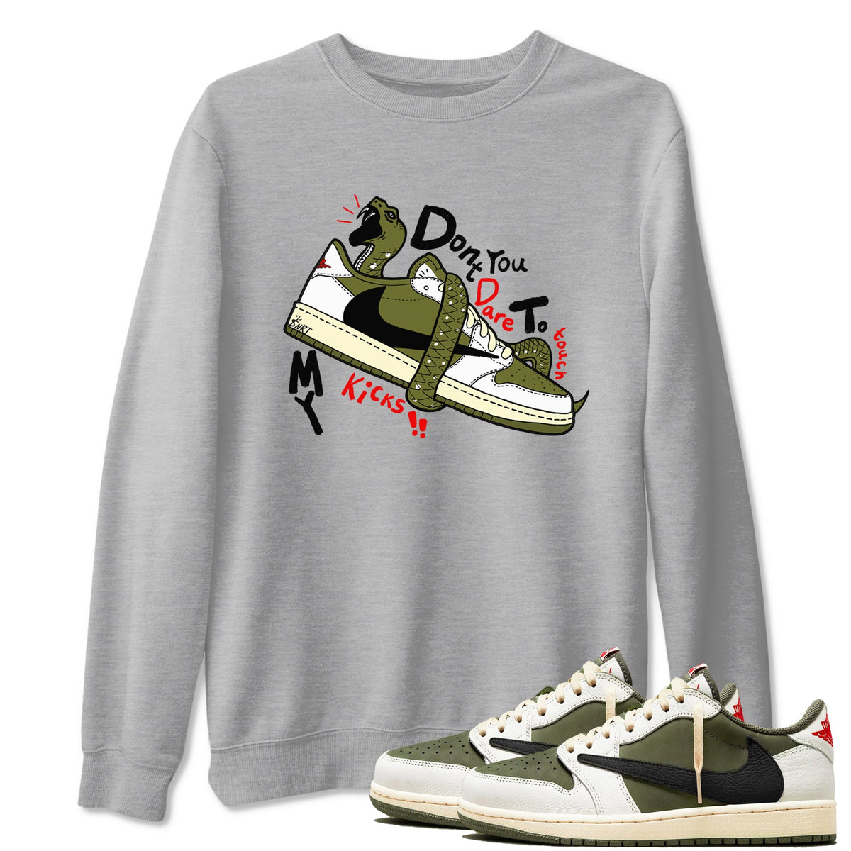 Jordan 1 Olive t shirts to match sneakers Don't Touch My Kicks sneaker match tees Air Jordan 1 Low x Travis Scott Reverse Olive tee Drip Gear Zone unisex cotton Heather Grey 1 shirts
