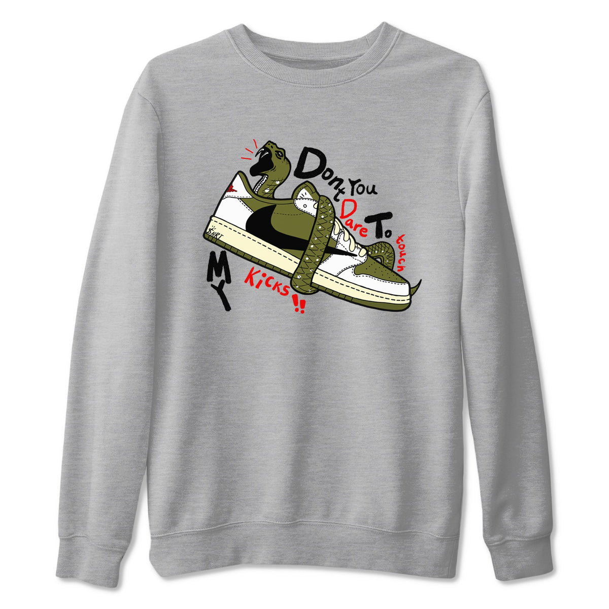 Jordan 1 Olive t shirts to match sneakers Don't Touch My Kicks sneaker match tees Air Jordan 1 Low x Travis Scott Reverse Olive tee Drip Gear Zone unisex cotton Heather Grey 2 shirts
