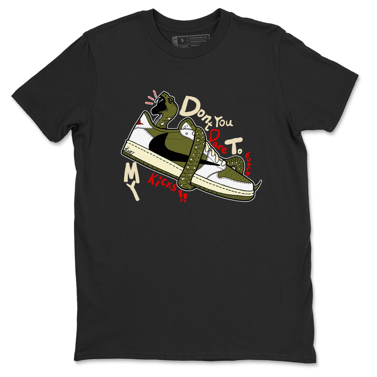 Jordan 1 Olive t shirts to match sneakers Don't Touch My Kicks sneaker match tees Air Jordan 1 Low x Travis Scott Reverse Olive tee Drip Gear Zone unisex cotton Black 2 shirts