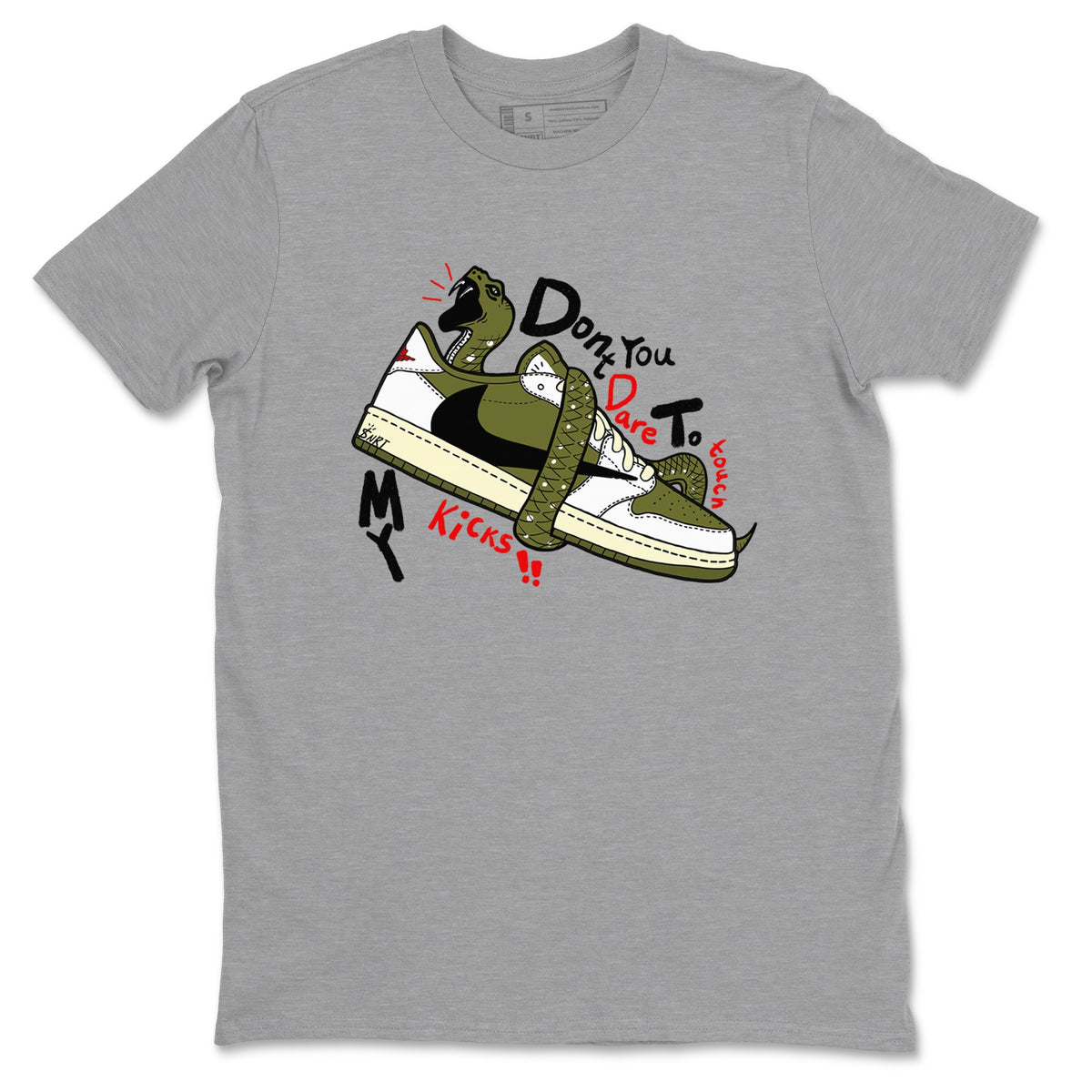 Jordan 1 Olive t shirts to match sneakers Don't Touch My Kicks sneaker match tees Air Jordan 1 Low x Travis Scott Reverse Olive tee Drip Gear Zone unisex cotton Heather Grey 2 shirts