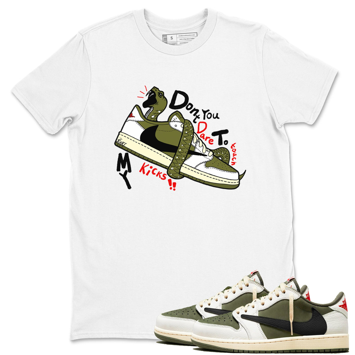 Jordan 1 Olive t shirts to match sneakers Don't Touch My Kicks sneaker match tees Air Jordan 1 Low x Travis Scott Reverse Olive tee Drip Gear Zone unisex cotton White 1 shirts