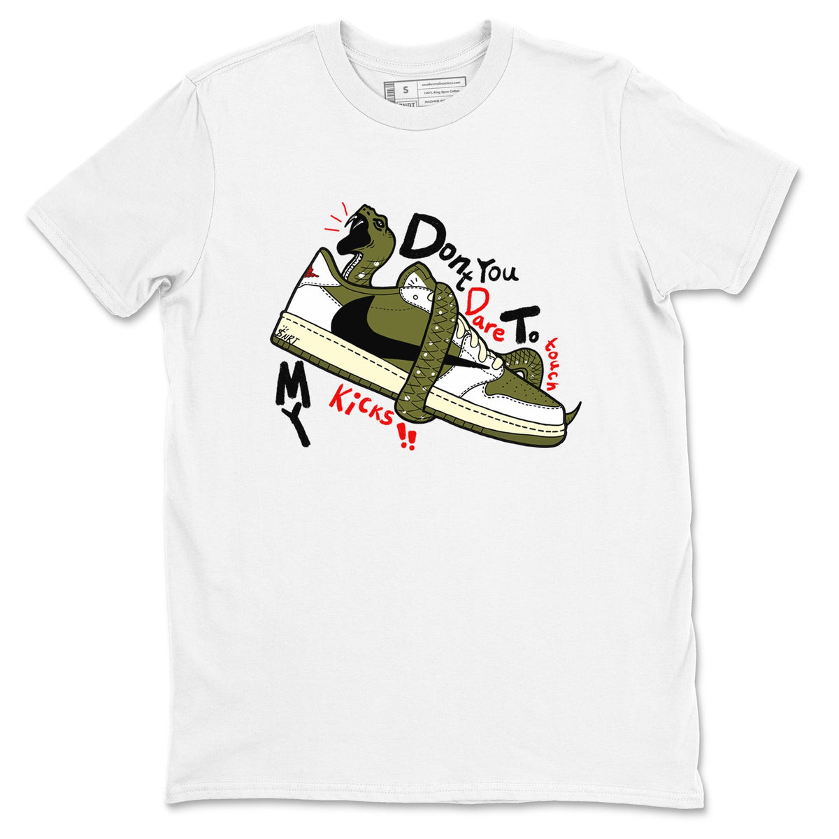Jordan 1 Olive t shirts to match sneakers Don't Touch My Kicks sneaker match tees Air Jordan 1 Low x Travis Scott Reverse Olive tee Drip Gear Zone unisex cotton White 2 shirts